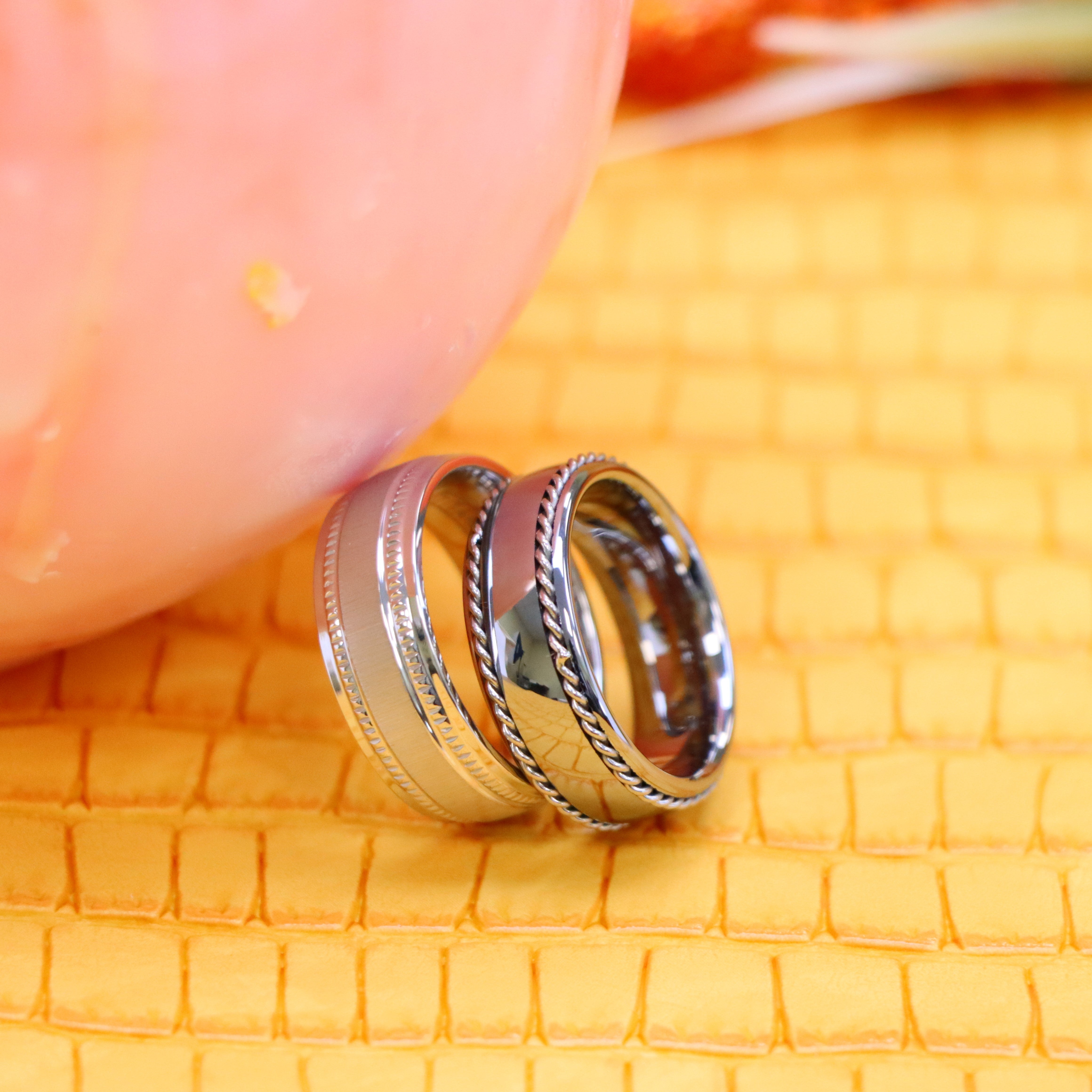 8mm White IP Plated Titanium Ring Satin Finish Center with Milgrain Stepped Edge Polished Semi-Domed with Rope Stainless Steel Inlay Sides Tungsten Ring - Labhu USA
