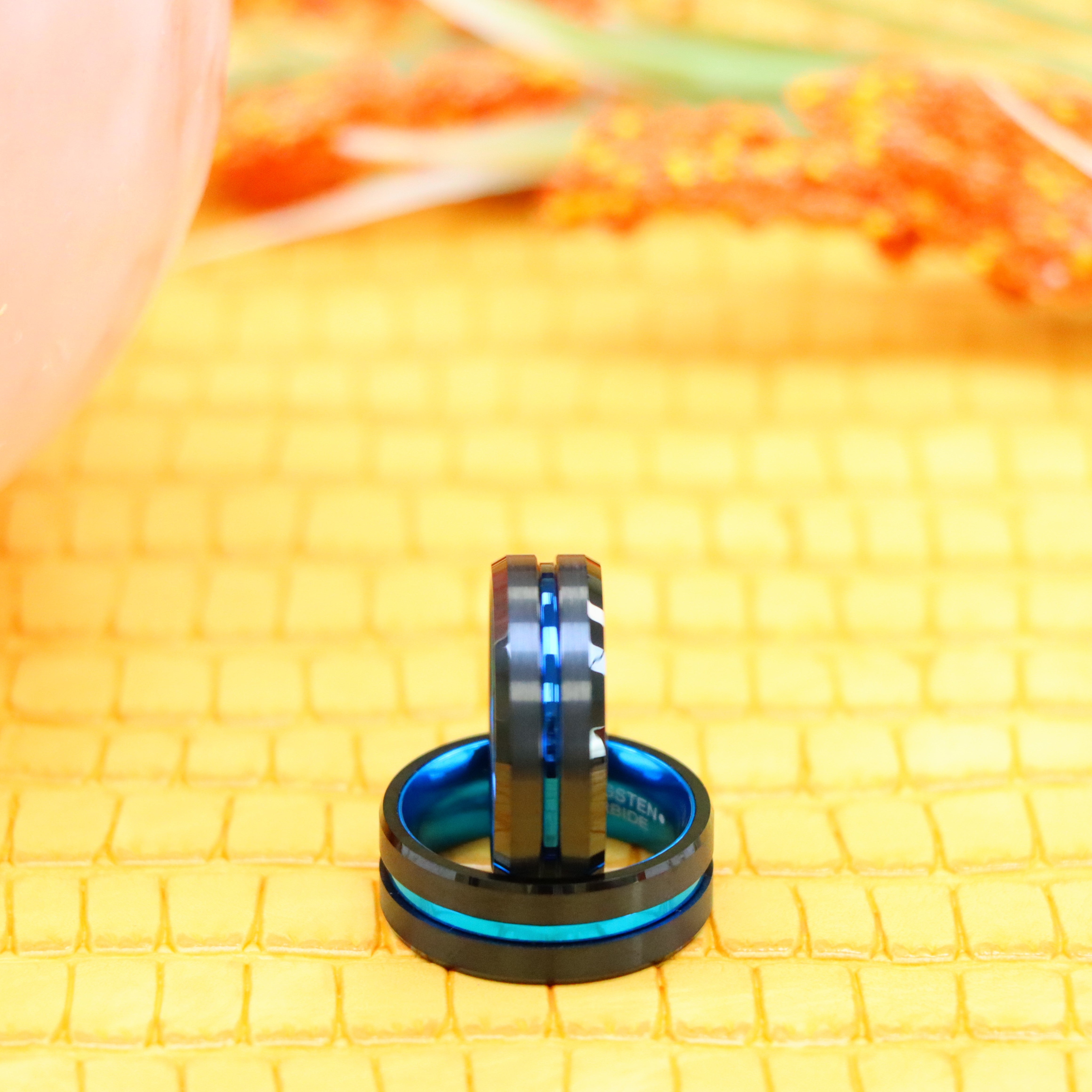 8mm Black Plated Grooved Center with Blue Anodized Aluminum Sleeve Tungsten Ring - Labhu USA