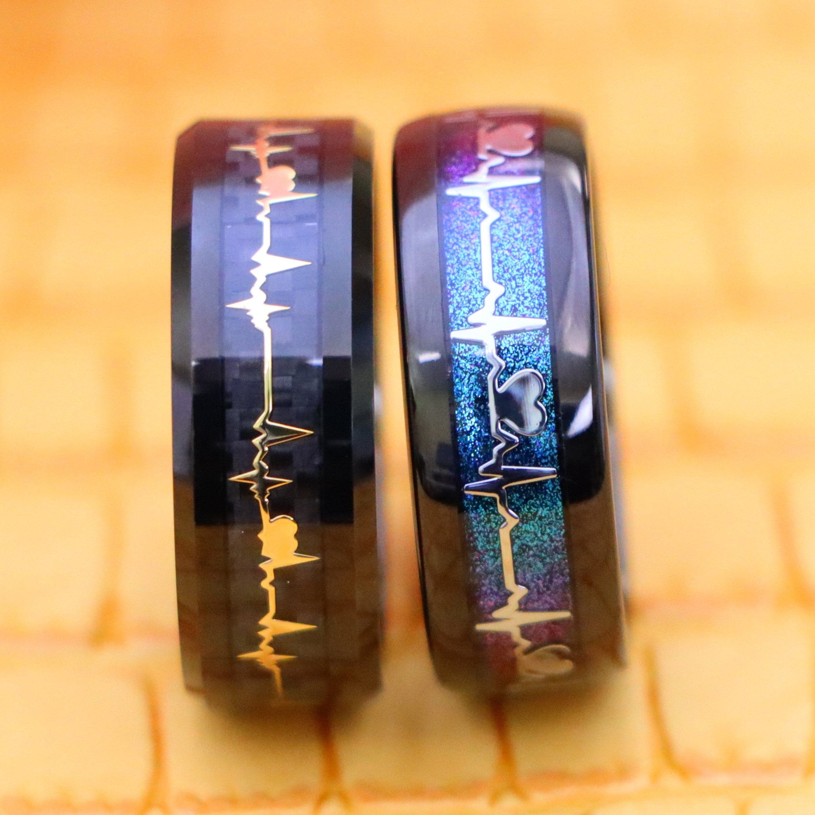 8mm Black IP Plated with Rainbow LGBTQ Gradient & EKG Cutout / Yellow IP EKG Heartbeat Inlay Tungsten Ring - Labhu USA