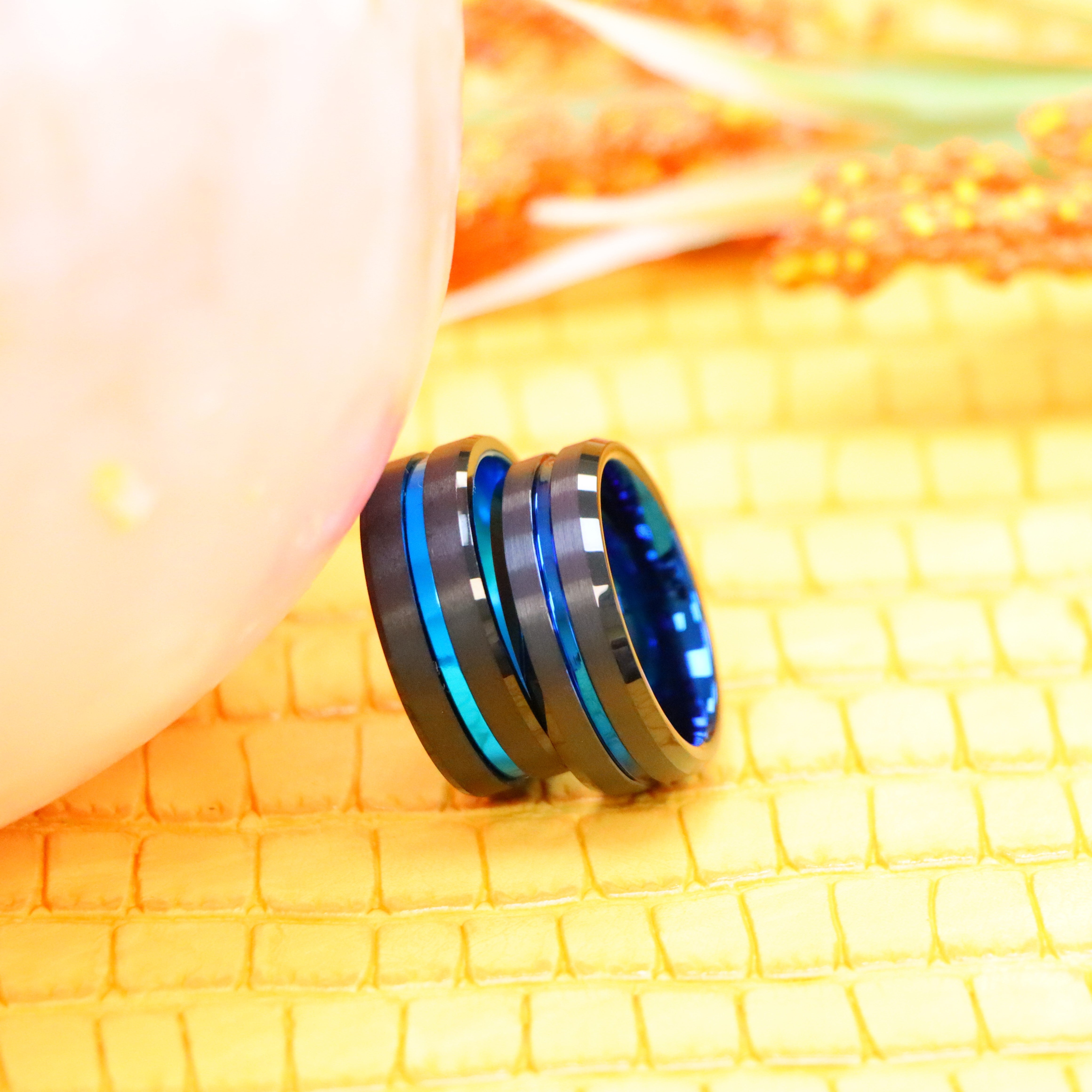 8mm Black Plated Grooved Center with Blue Anodized Aluminum Sleeve Tungsten Ring - Labhu USA