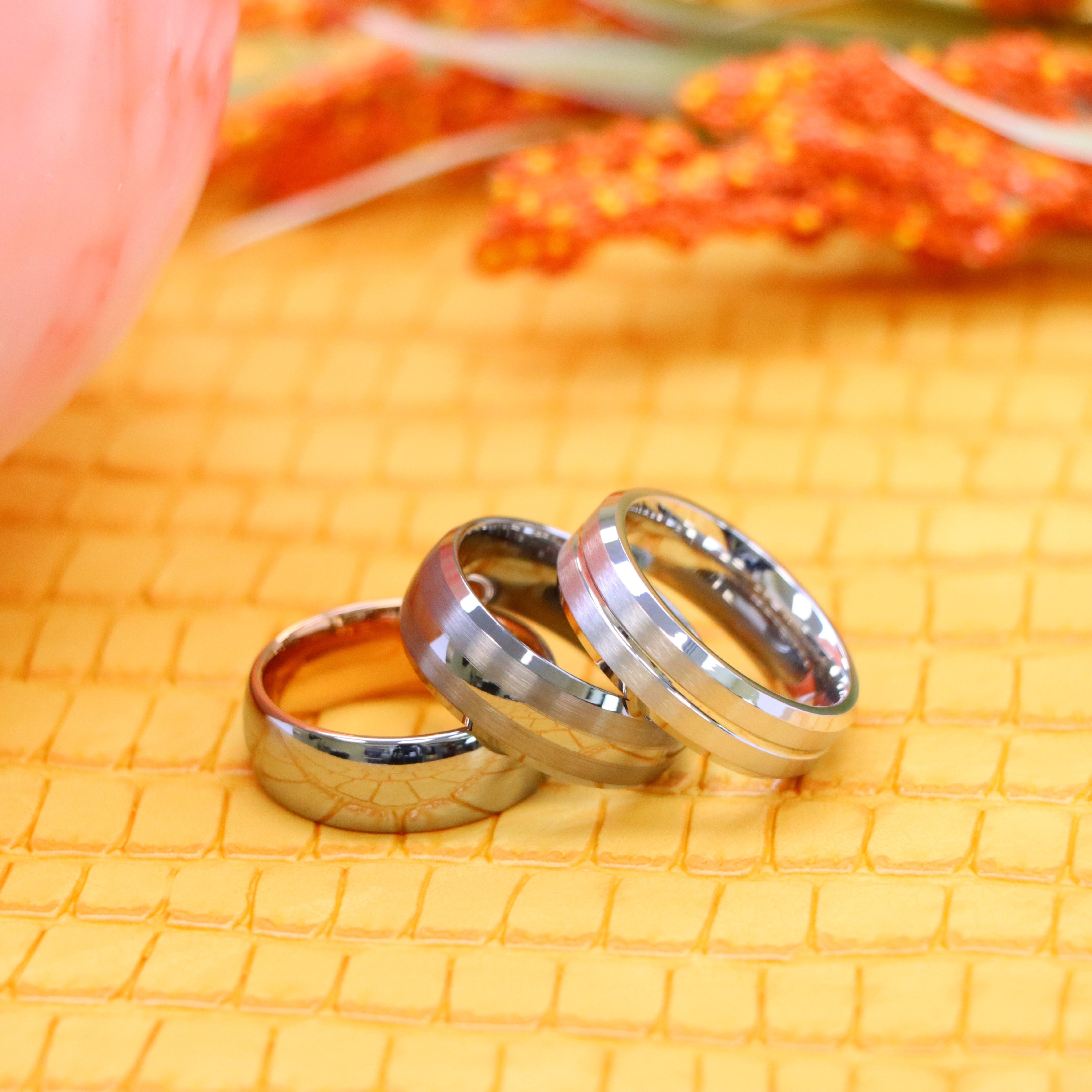 White IP Plated Titanium Ring Domed Brushed Center Stepped Edge, Rose Gold IP Plated Inside & Gun Metal High Polished Center Tungsten Ring - Labhu USA