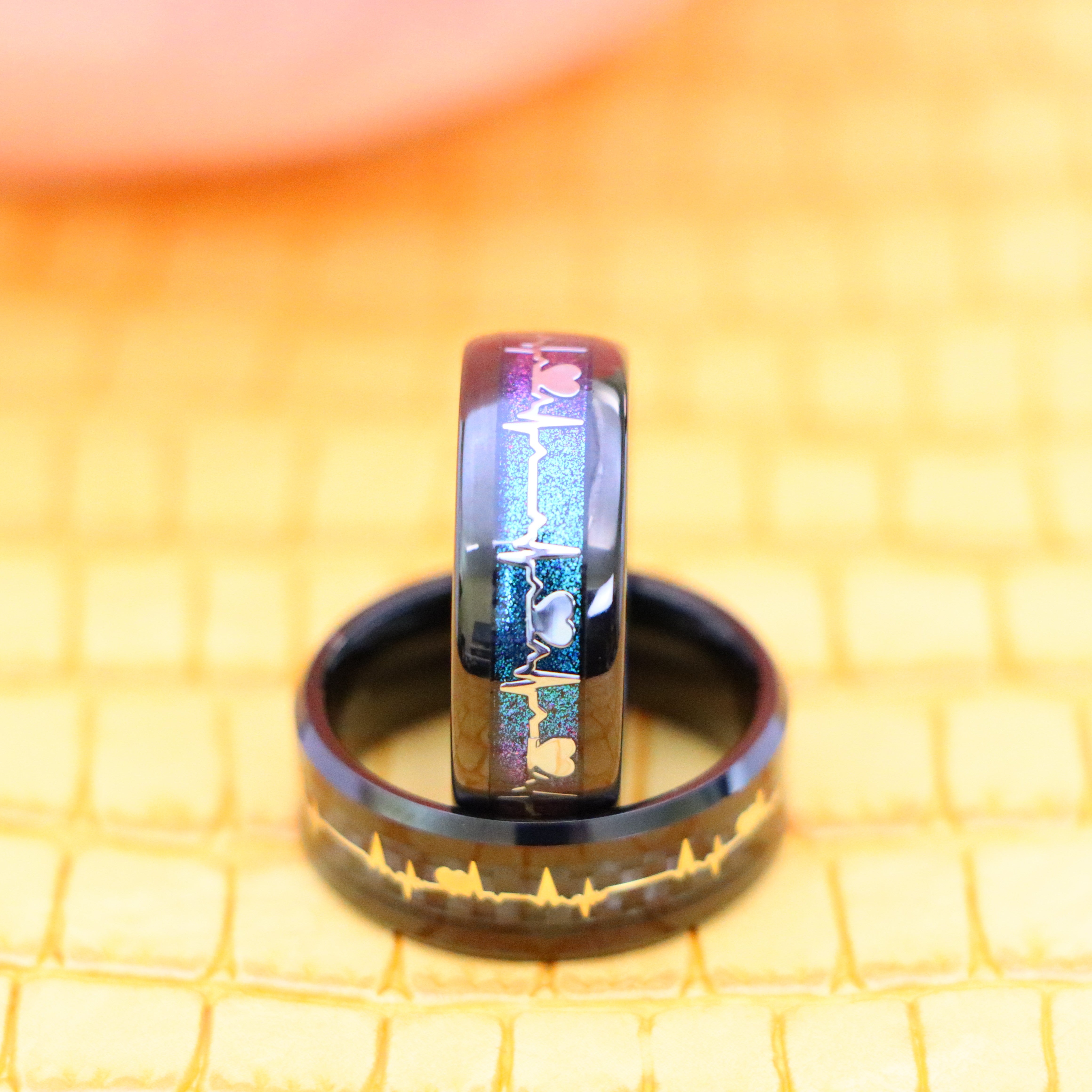 8mm Black IP Plated with Rainbow LGBTQ Gradient & EKG Cutout / Yellow IP EKG Heartbeat Inlay Tungsten Ring - Labhu USA