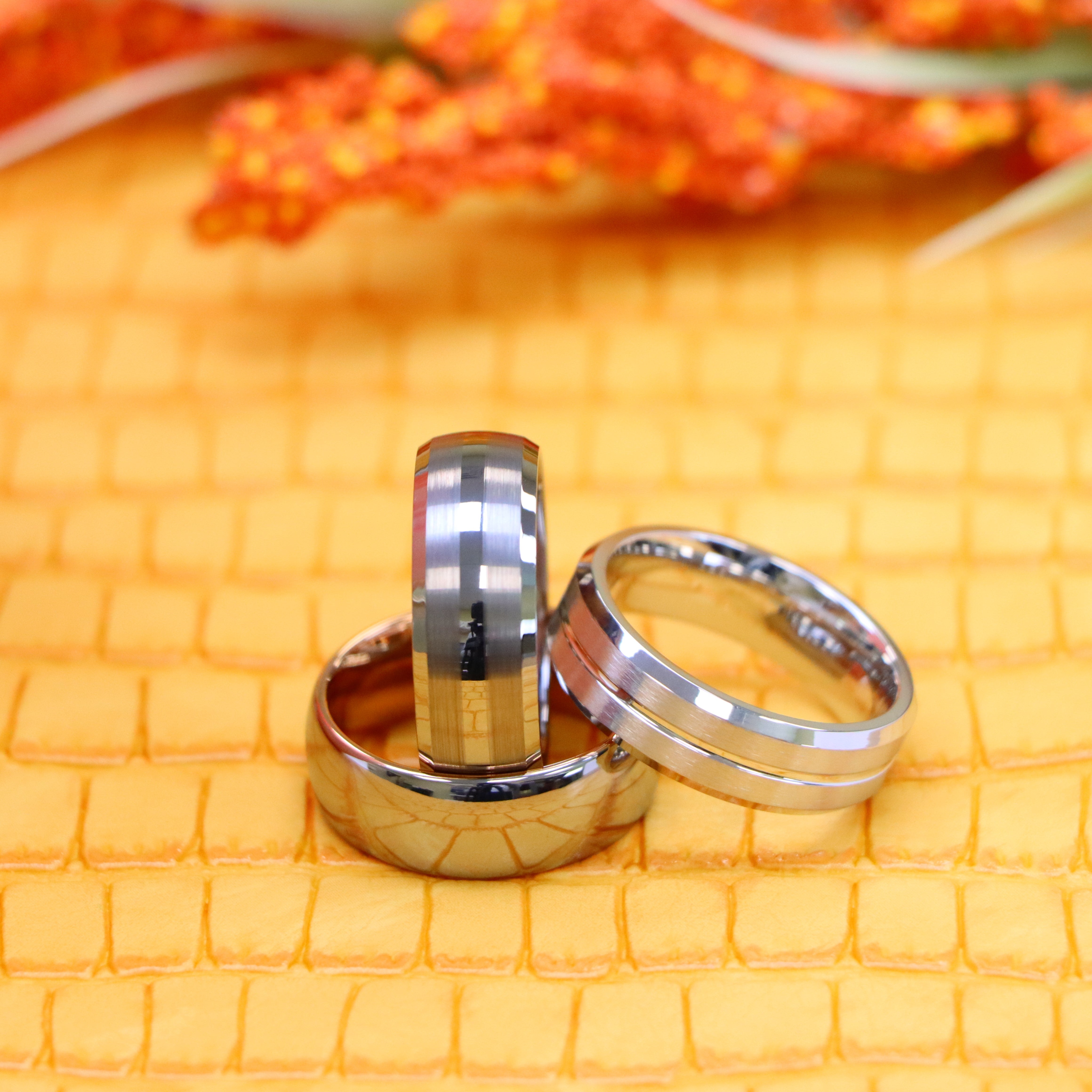 White IP Plated Titanium Ring Domed Brushed Center Stepped Edge, Rose Gold IP Plated Inside & Gun Metal High Polished Center Tungsten Ring - Labhu USA