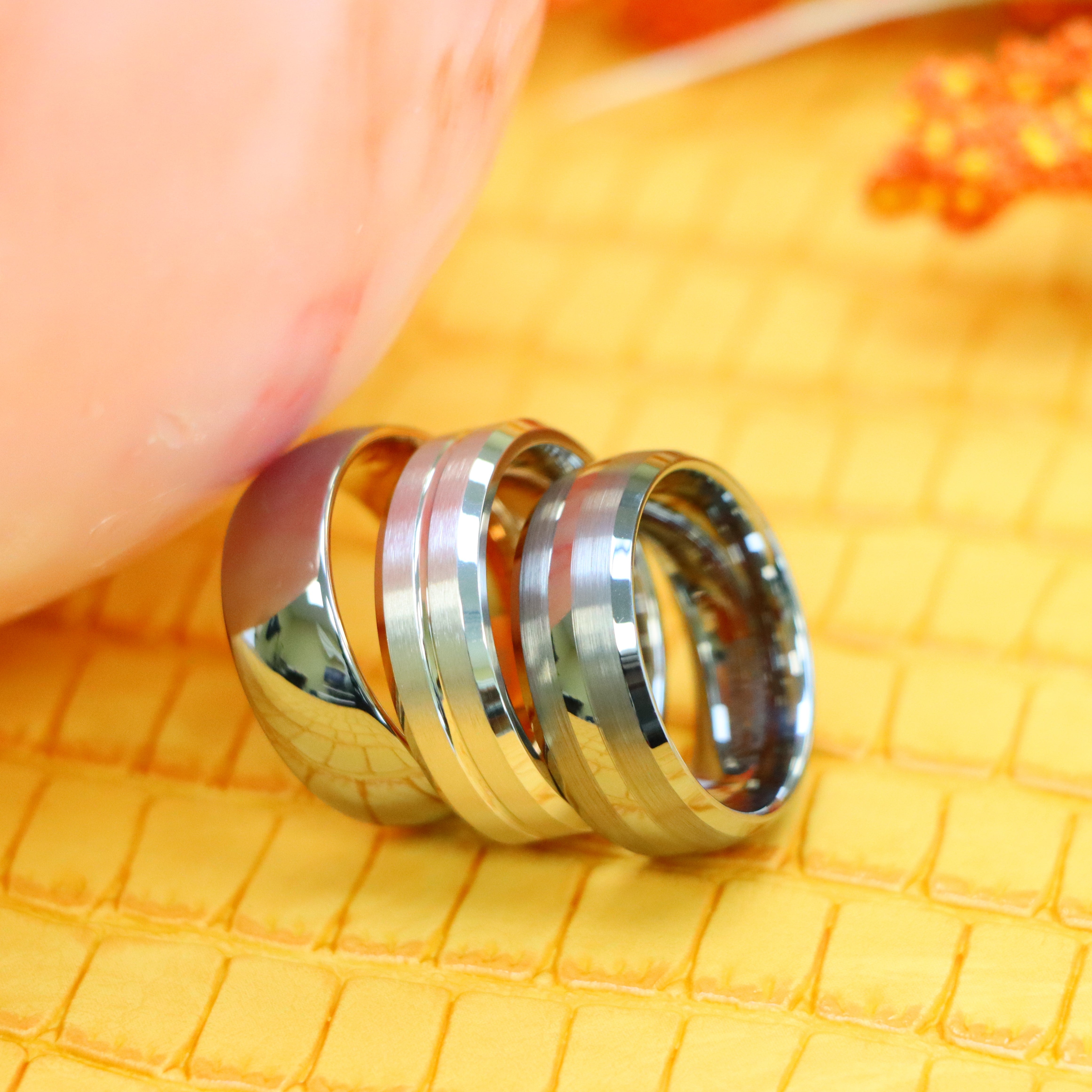 White IP Plated Titanium Ring Domed Brushed Center Stepped Edge, Rose Gold IP Plated Inside & Gun Metal High Polished Center Tungsten Ring - Labhu USA