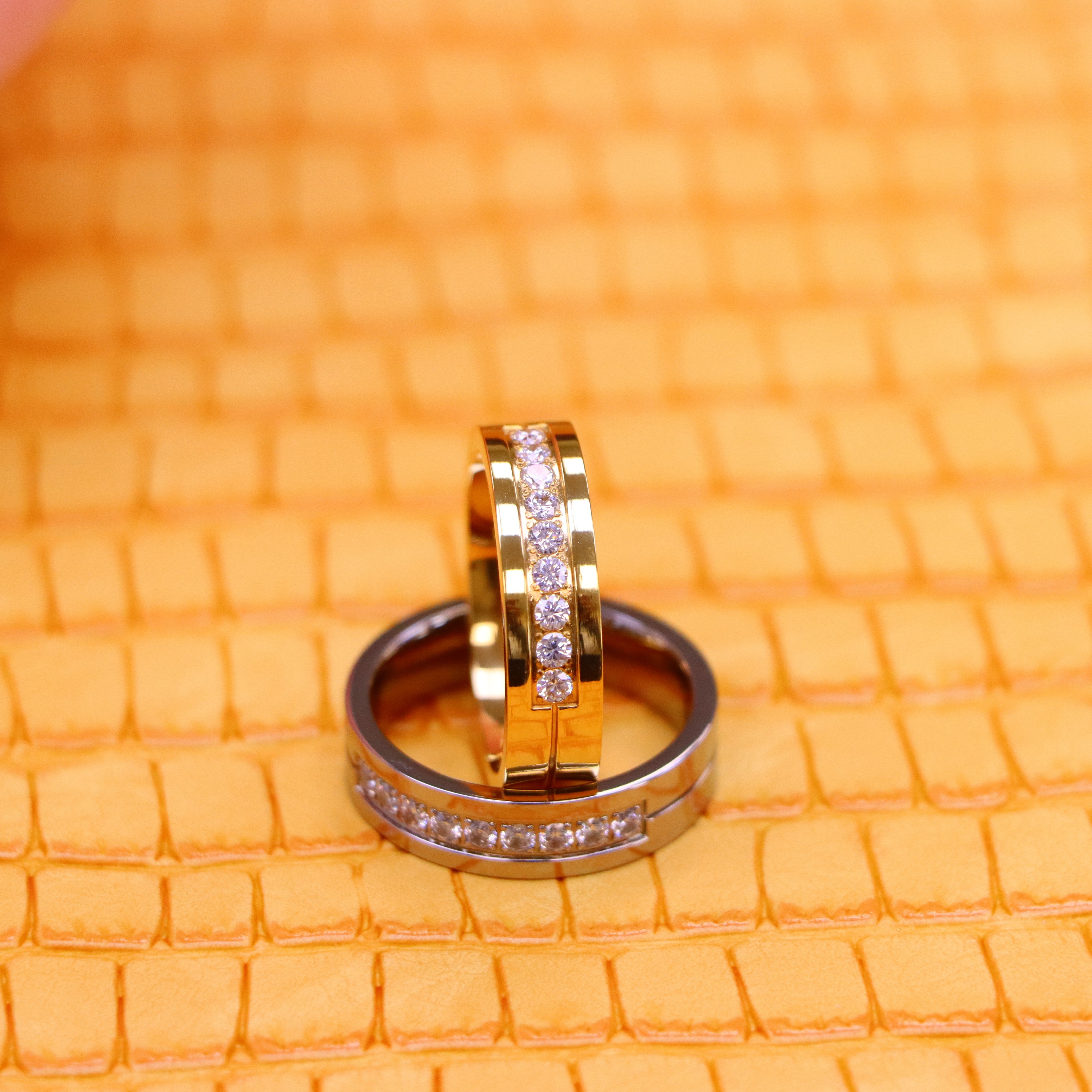 6mm Titanium and yellow Black Rings with 9white CZ Stones - Men's Titanium Jewelry in both horizontal and vertical view