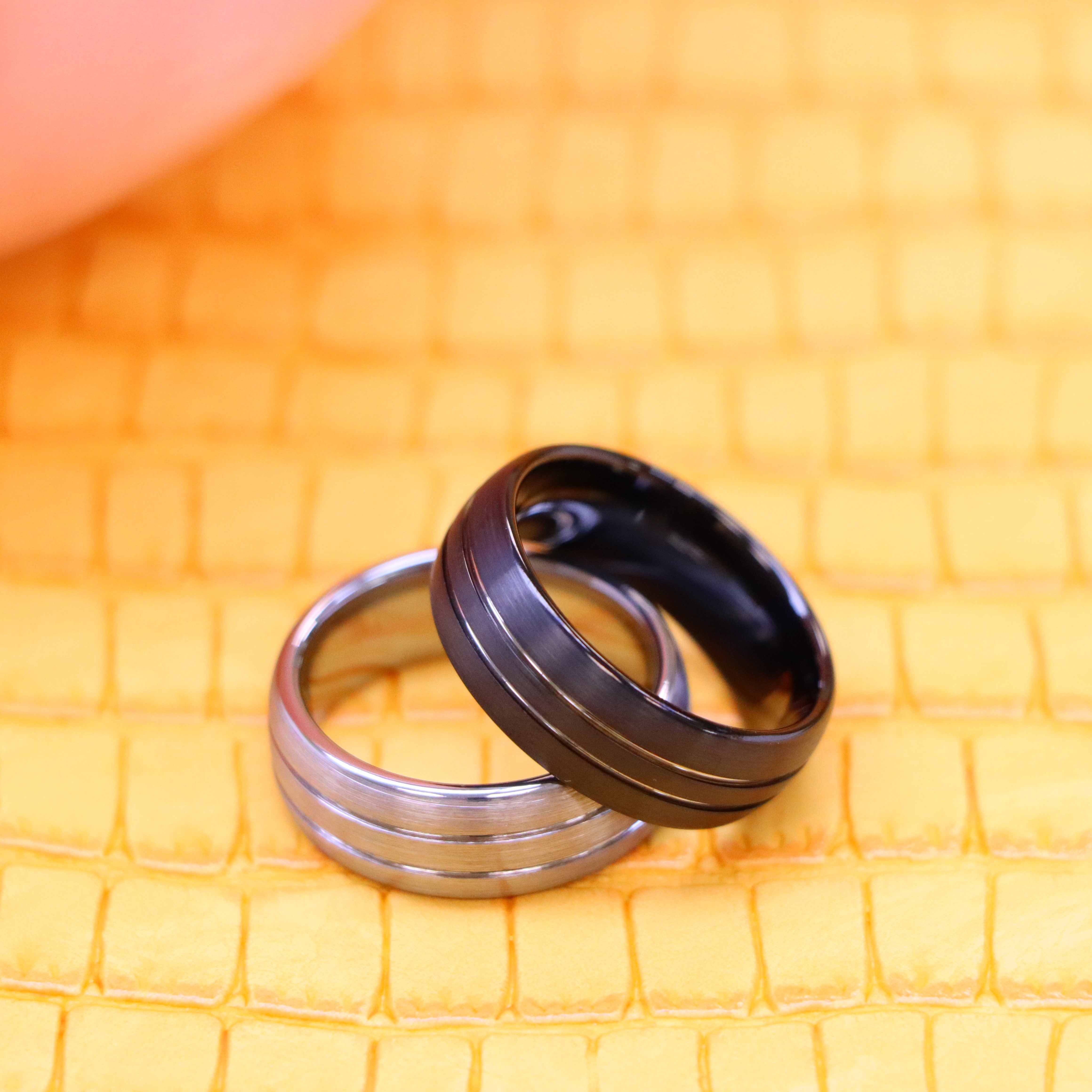 8mm Domed Silver / Black IP Plated Double Striped Center Tungsten Ring - Labhu USA