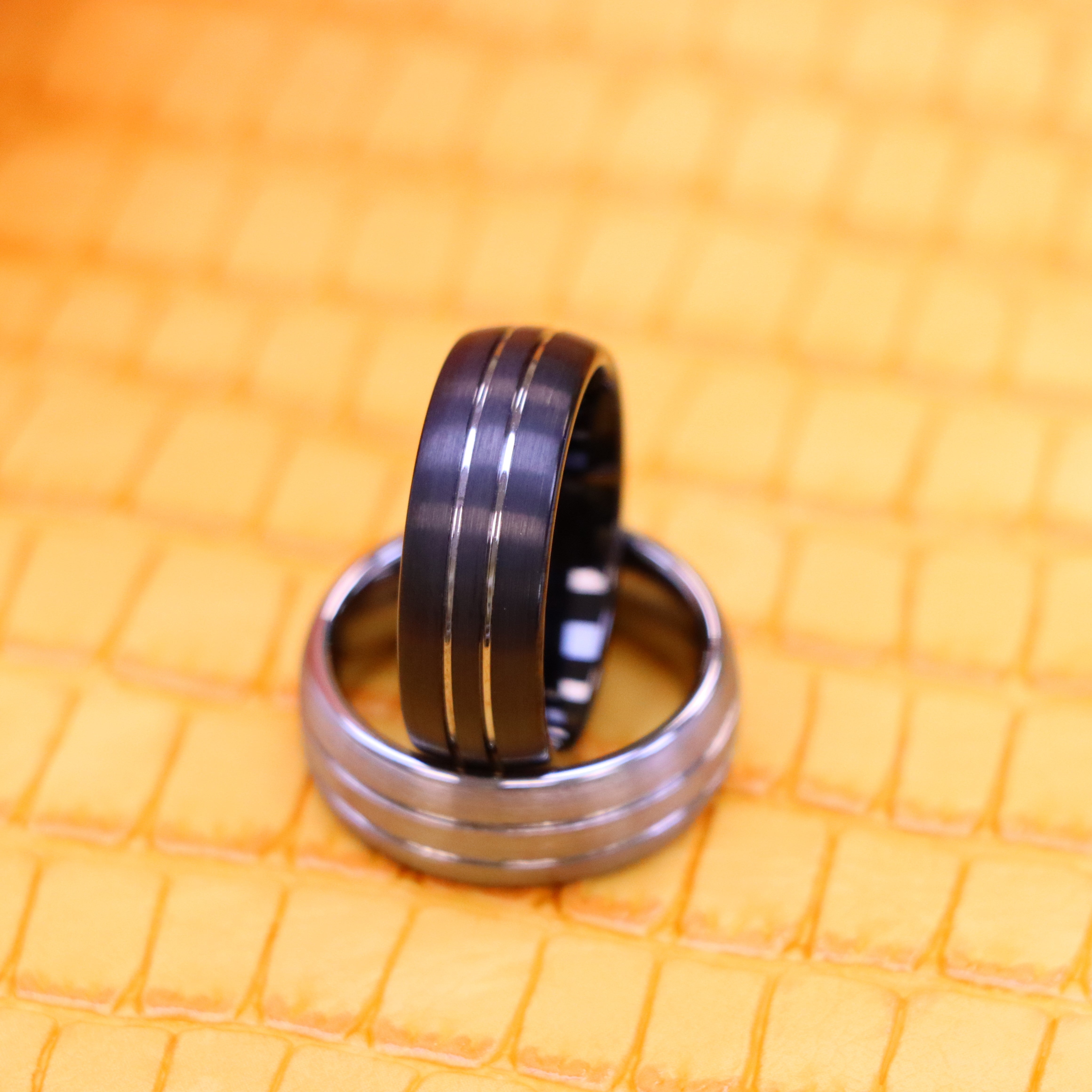 8mm Domed Silver / Black IP Plated Double Striped Center Tungsten Ring - Labhu USA