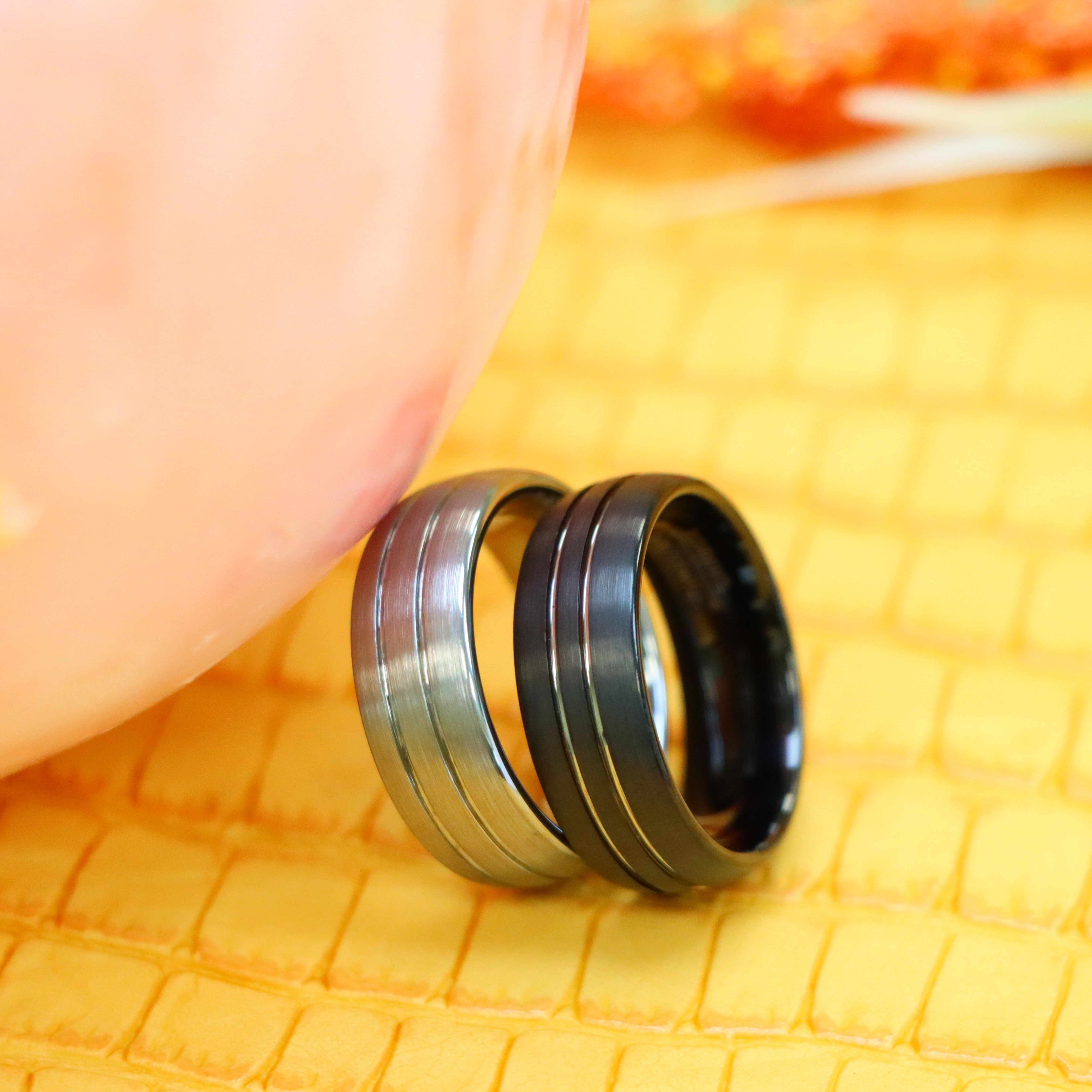 8mm Domed Silver / Black IP Plated Double Striped Center Tungsten Ring - Labhu USA