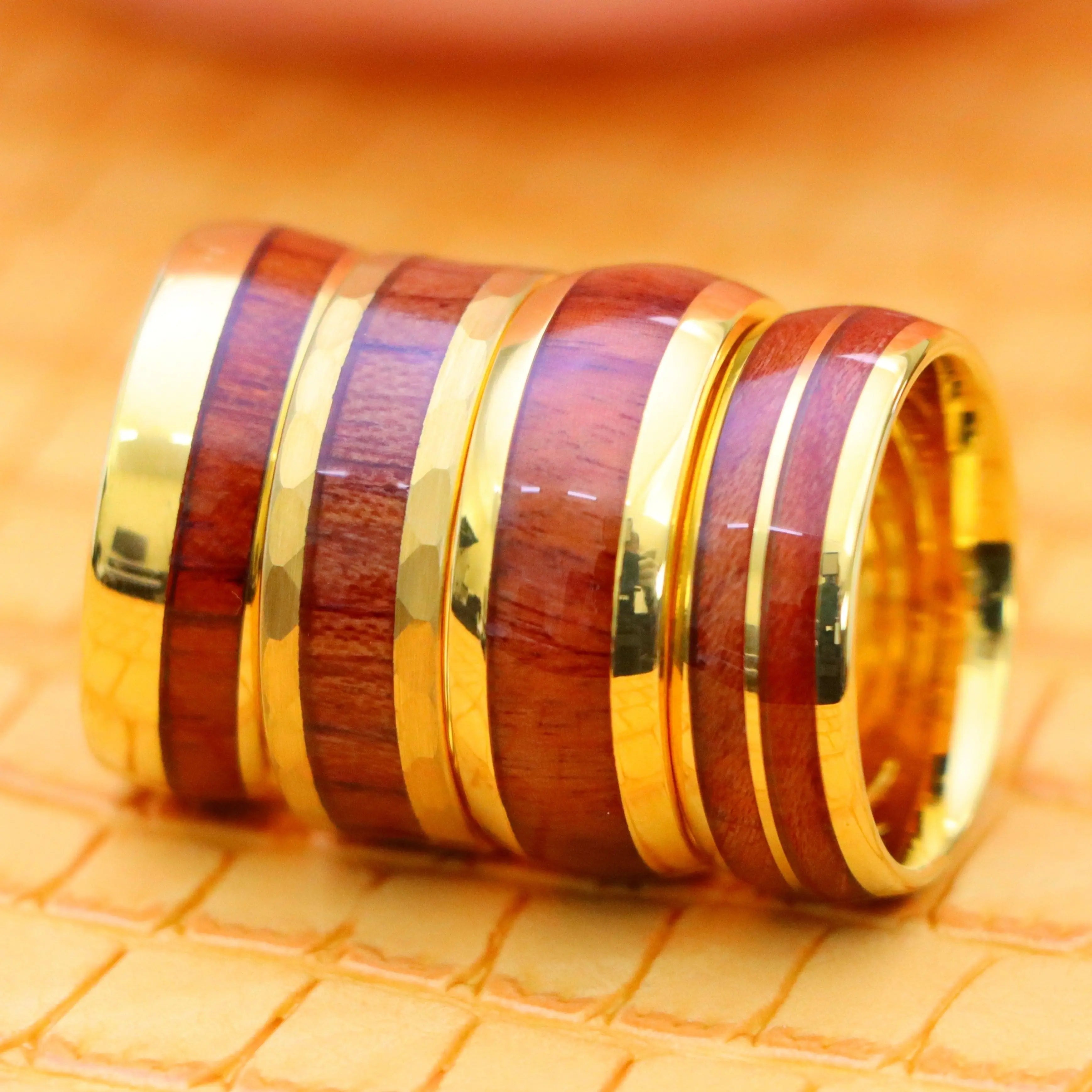 9 & 8 mm Yellow Gold IP Koa Wood Inlay Tungsten Ring - Labhu USA