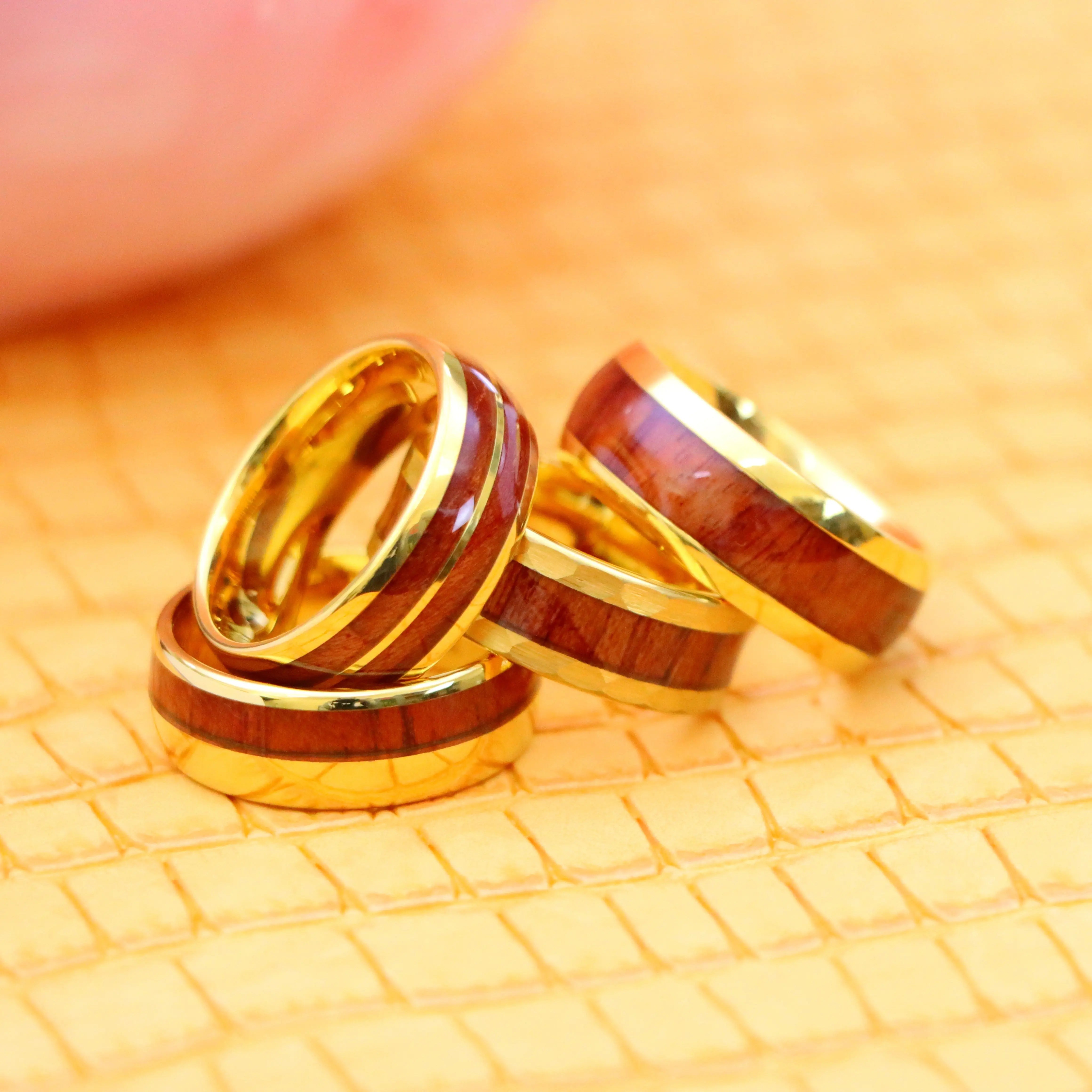 9 & 8 mm Yellow Gold IP Koa Wood Inlay Tungsten Ring - Labhu USA