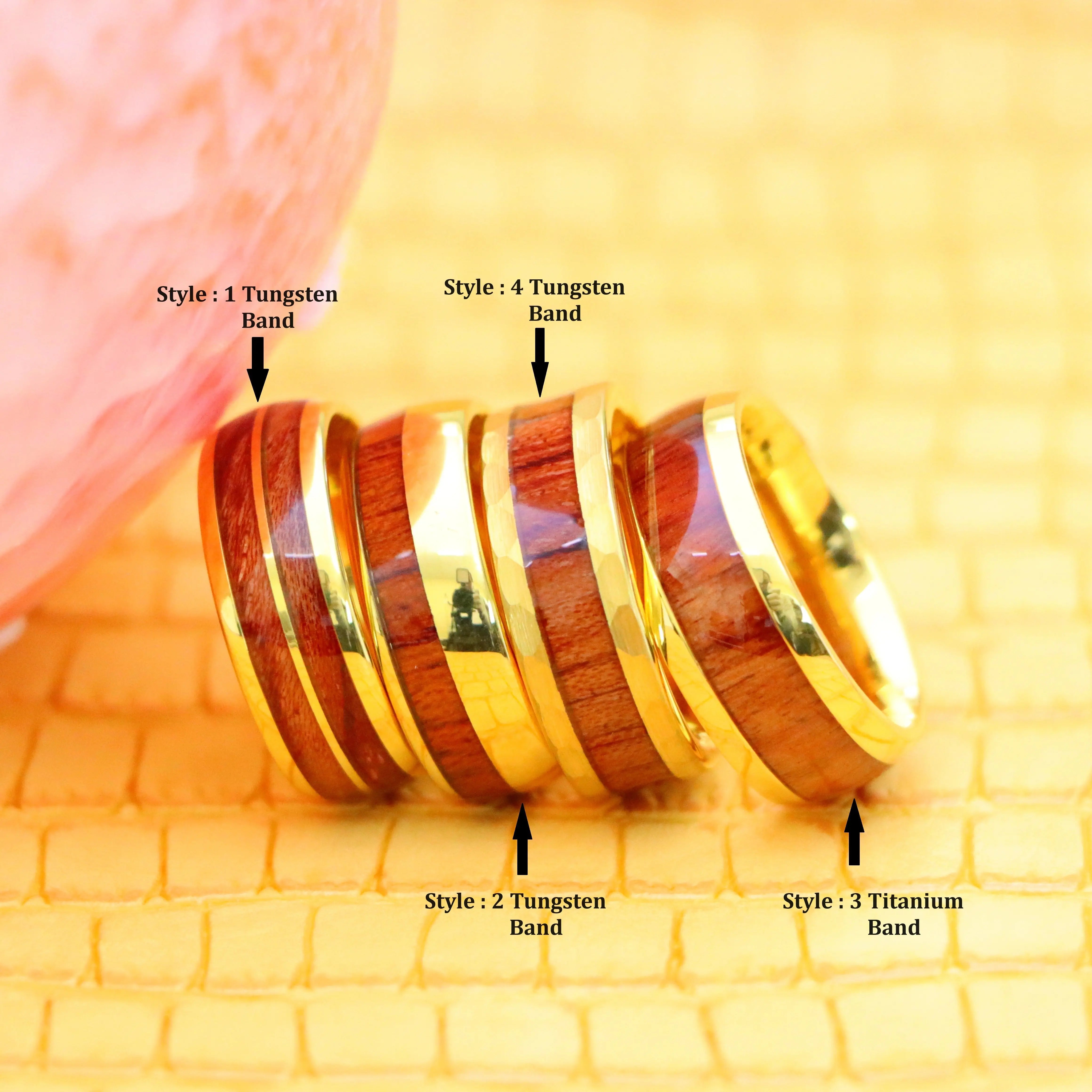 9 & 8 mm Yellow Gold IP Koa Wood Inlay Tungsten Ring - Labhu USA