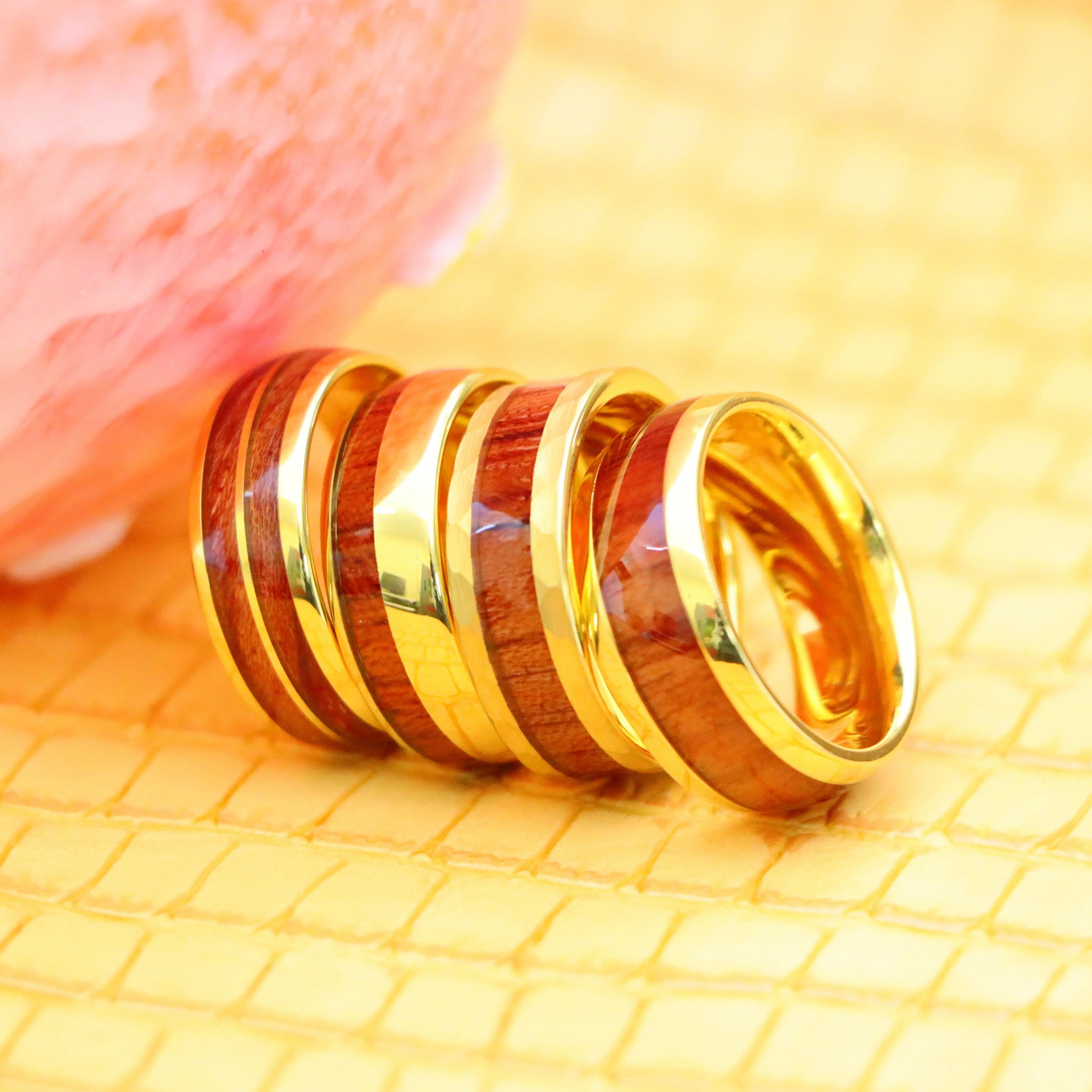 9 & 8 mm Yellow Gold IP Koa Wood Inlay Tungsten Ring - Labhu USA