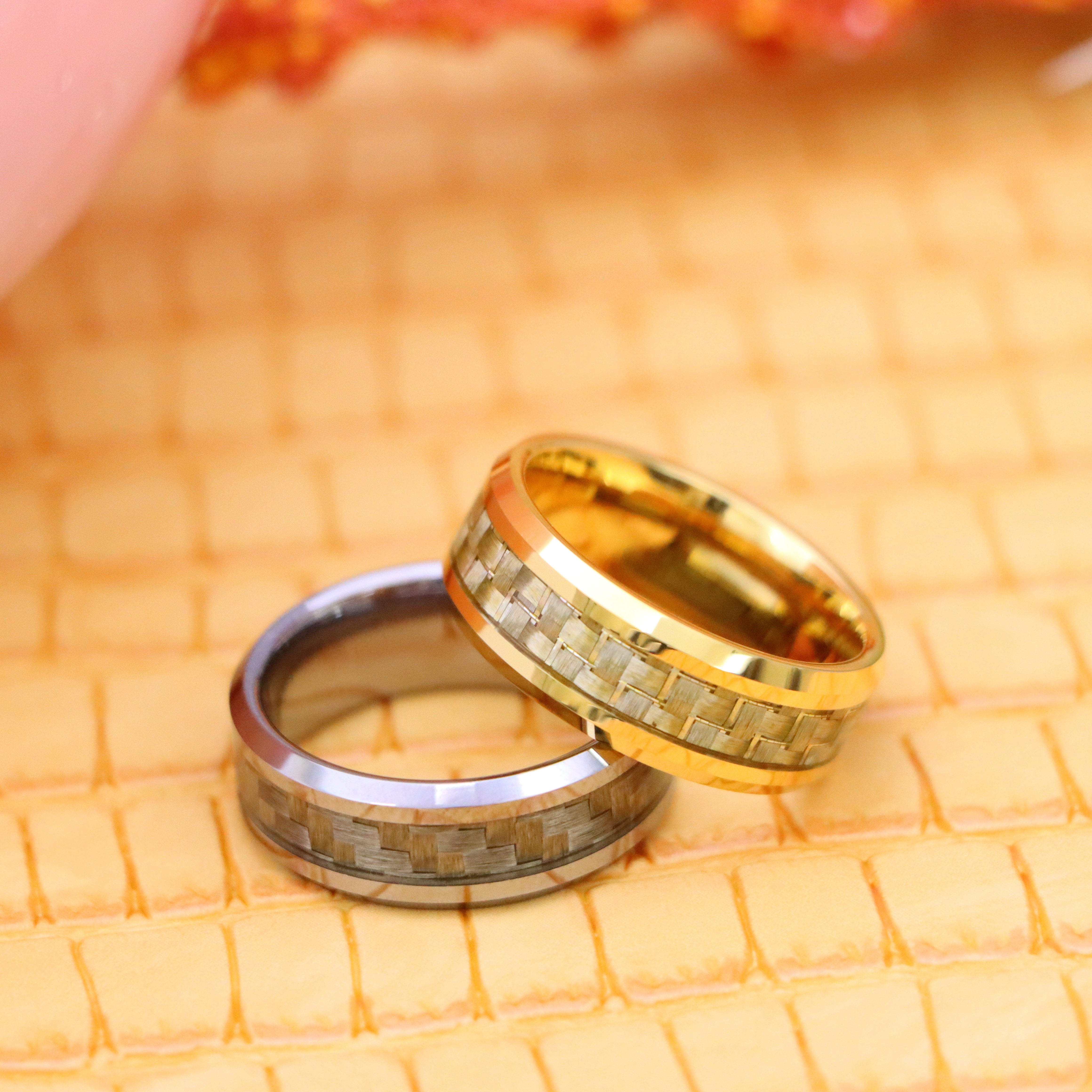 8mm Yellow Gold/Silver Plated High Polish with Golden/White Carbon Fiber Inlay Beveled Edge Tungsten Ring - Labhu USA