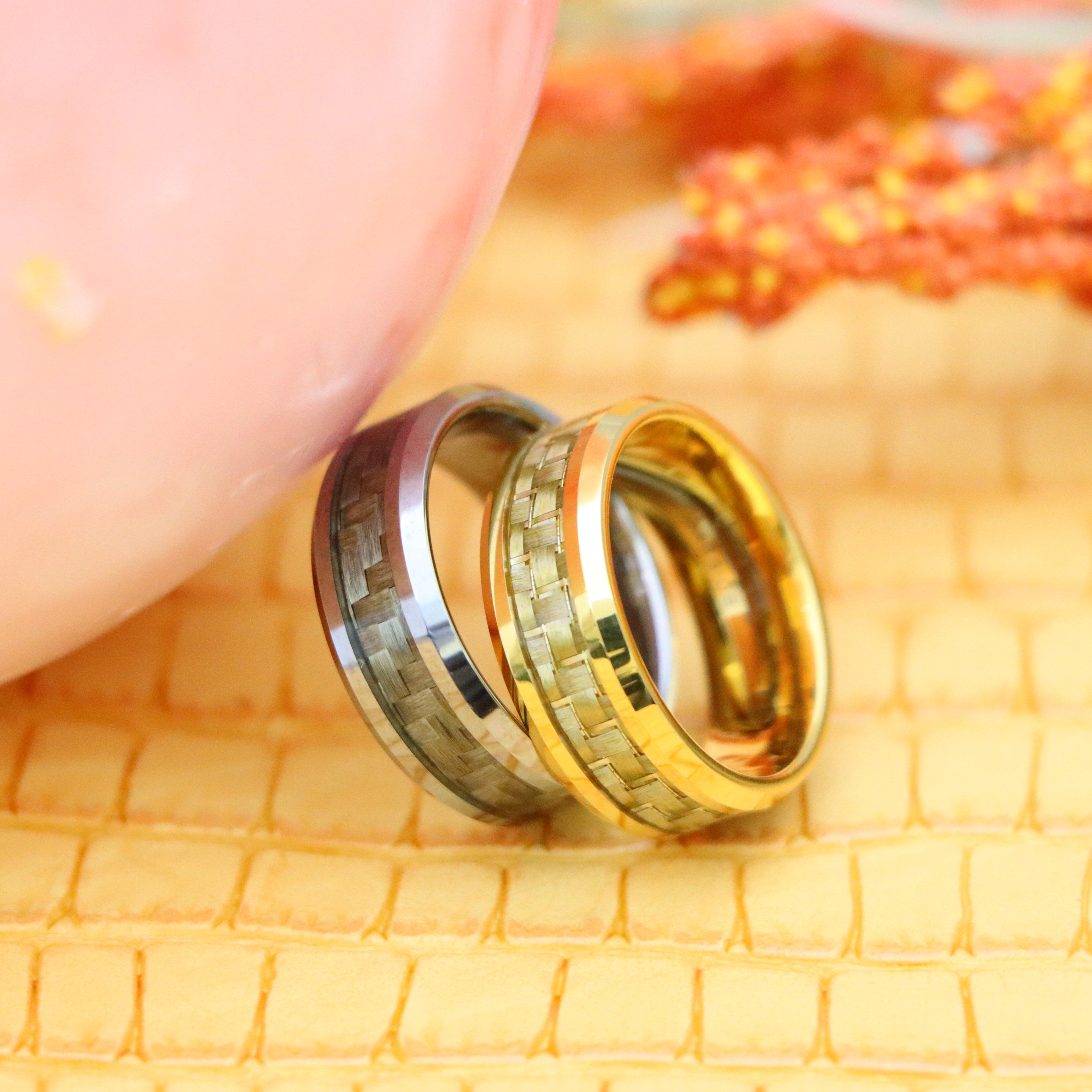 8mm Yellow Gold/Silver Plated High Polish with Golden/White Carbon Fiber Inlay Beveled Edge Tungsten Ring - Labhu USA