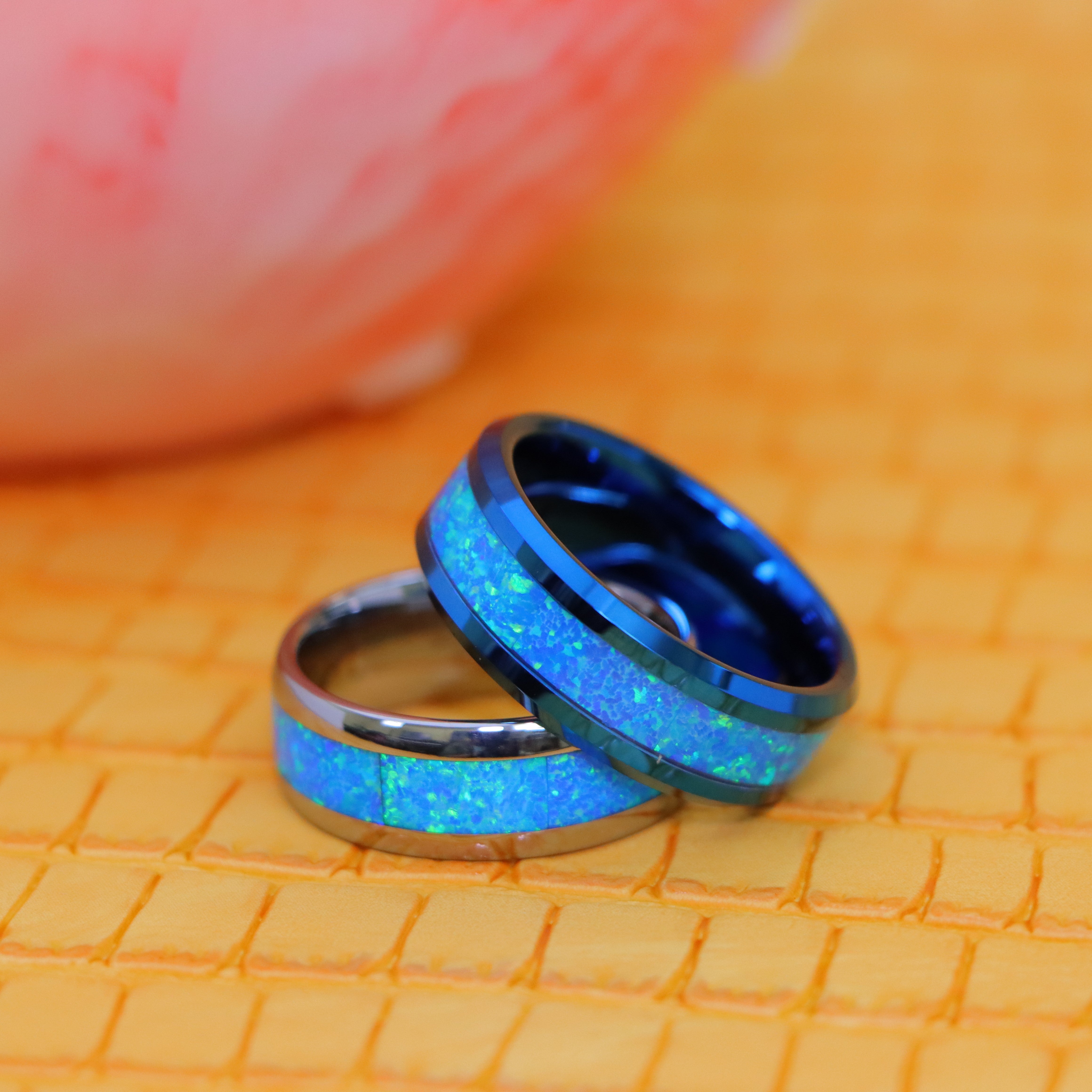 8mm Blue/Silver IP Plated with Synthetic Blue Green Opal Inlay Tungsten Ring - Labhu USA