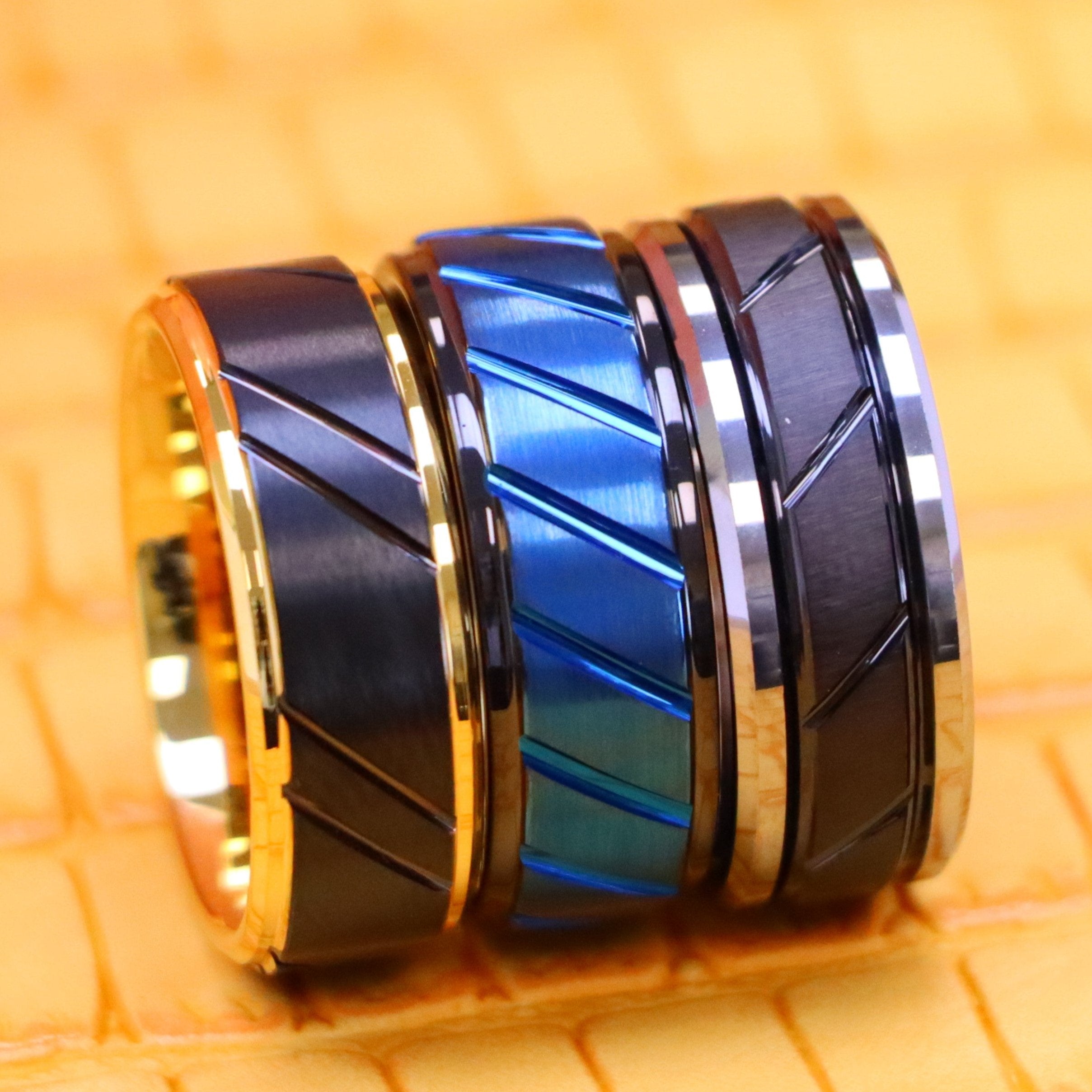 8mm Two-Tone Tungsten Ring with Black IP Center and Diagonal Grooves - Labhu USA