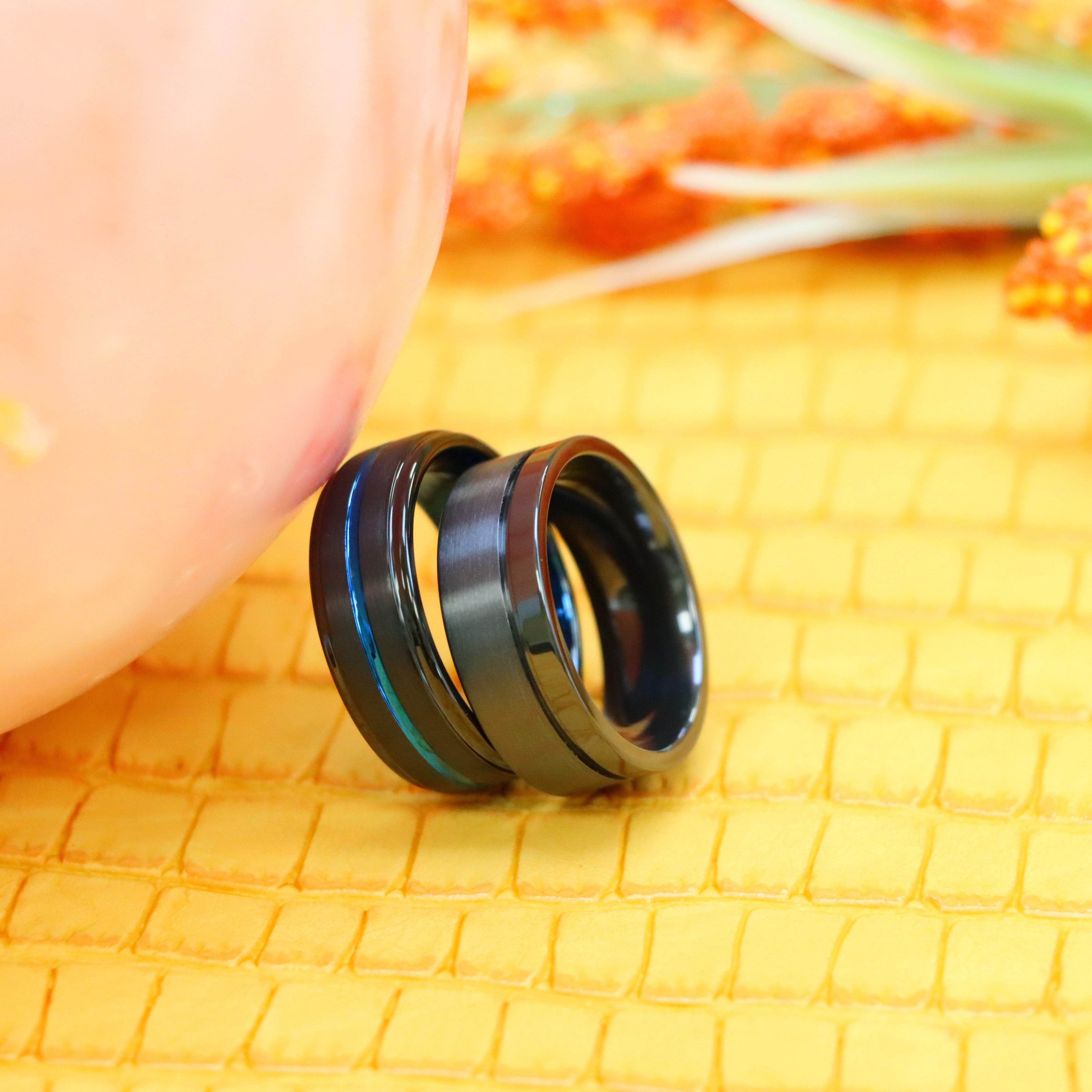 8mm Zirconium Natural Gun Metal Off-Center Groove Zirconium Ring, Black IP with Blue Grooved Center Stepped Edge Tungsten Ring - Labhu USA