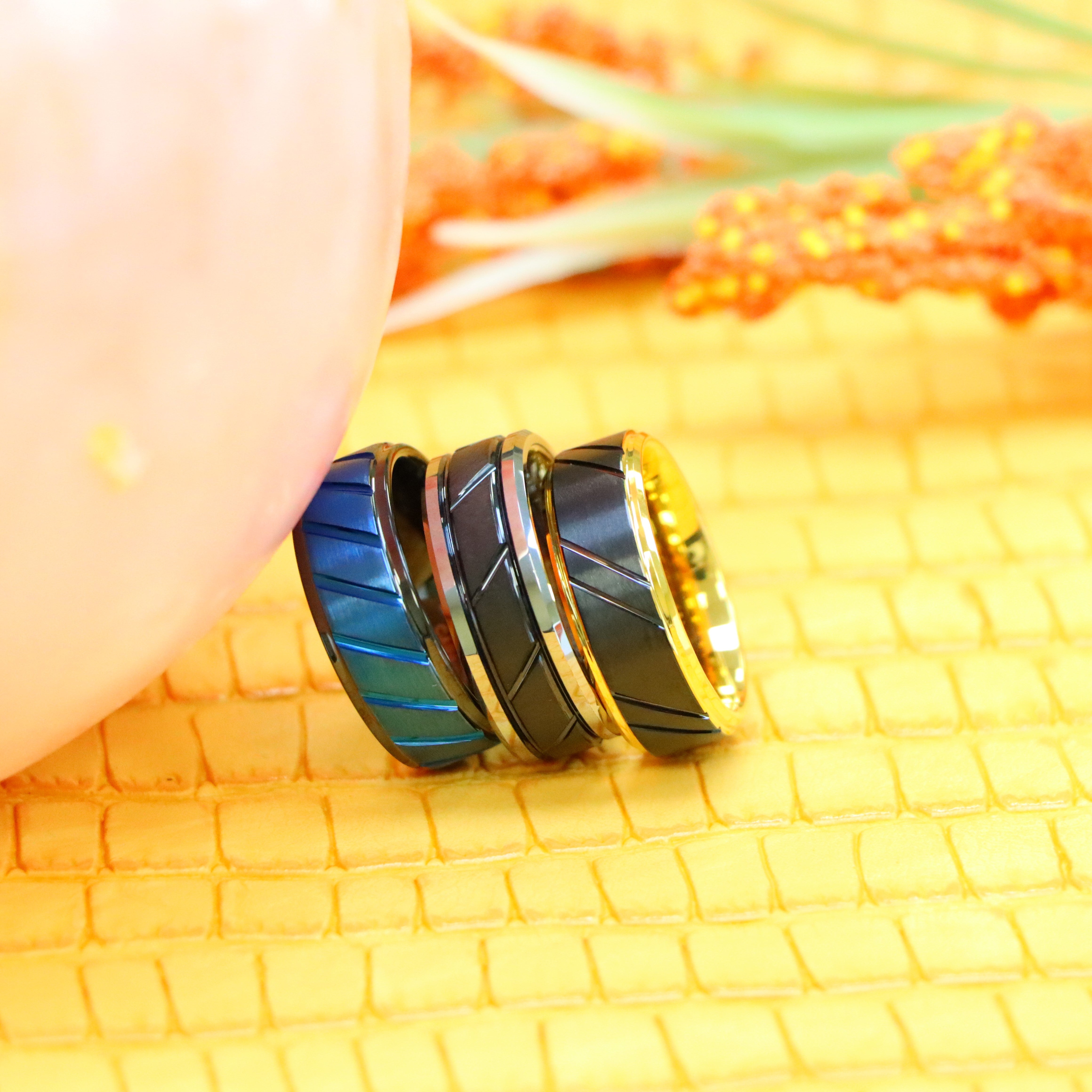 8mm Two-Tone Tungsten Ring with Black IP Center and Diagonal Grooves - Labhu USA
