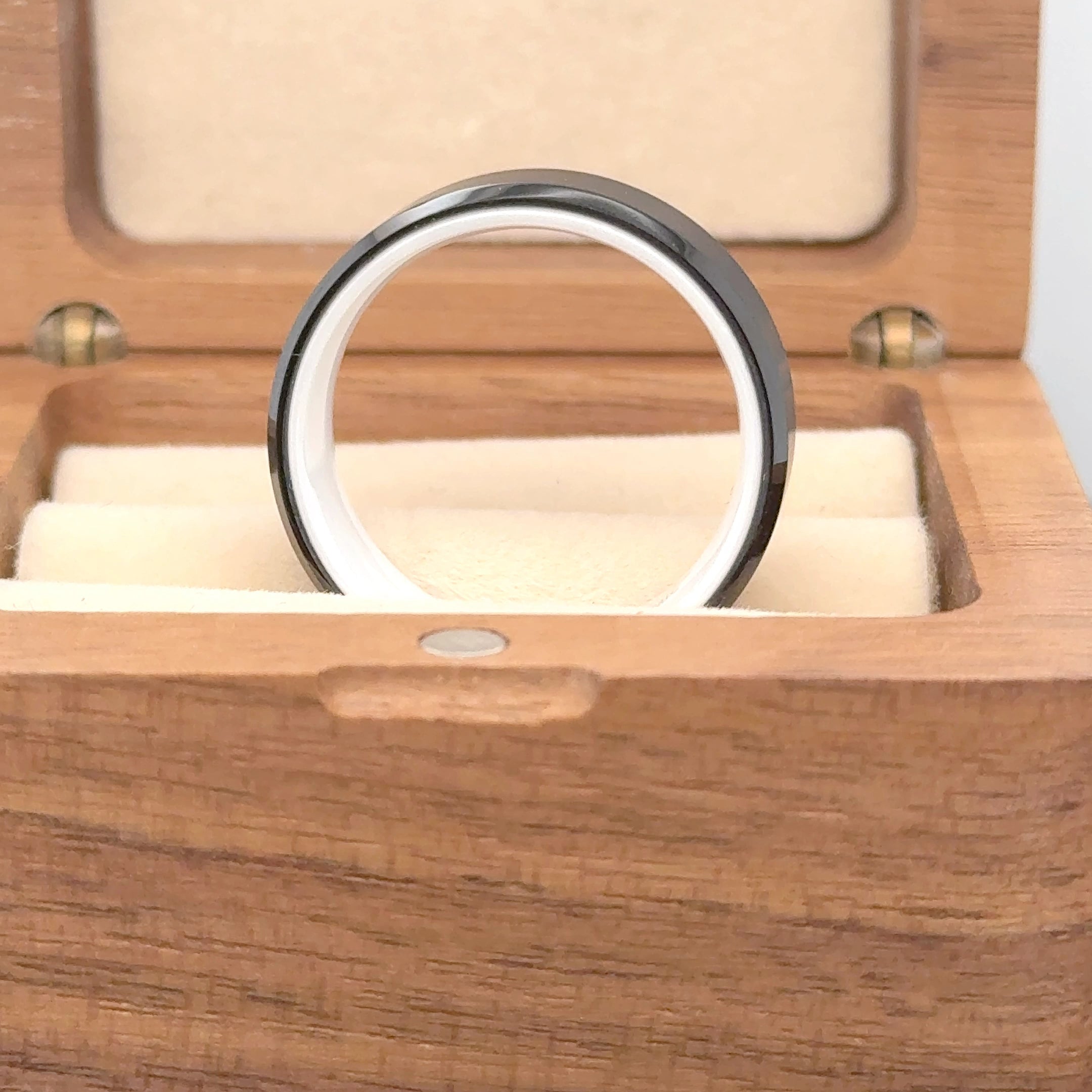 8mm Black Plated Beveled Edge with ORANGE Anodized Aluminum Sleeve Tungsten Ring, White Ceramic Sleeve Tungsten Ring - Labhu USA