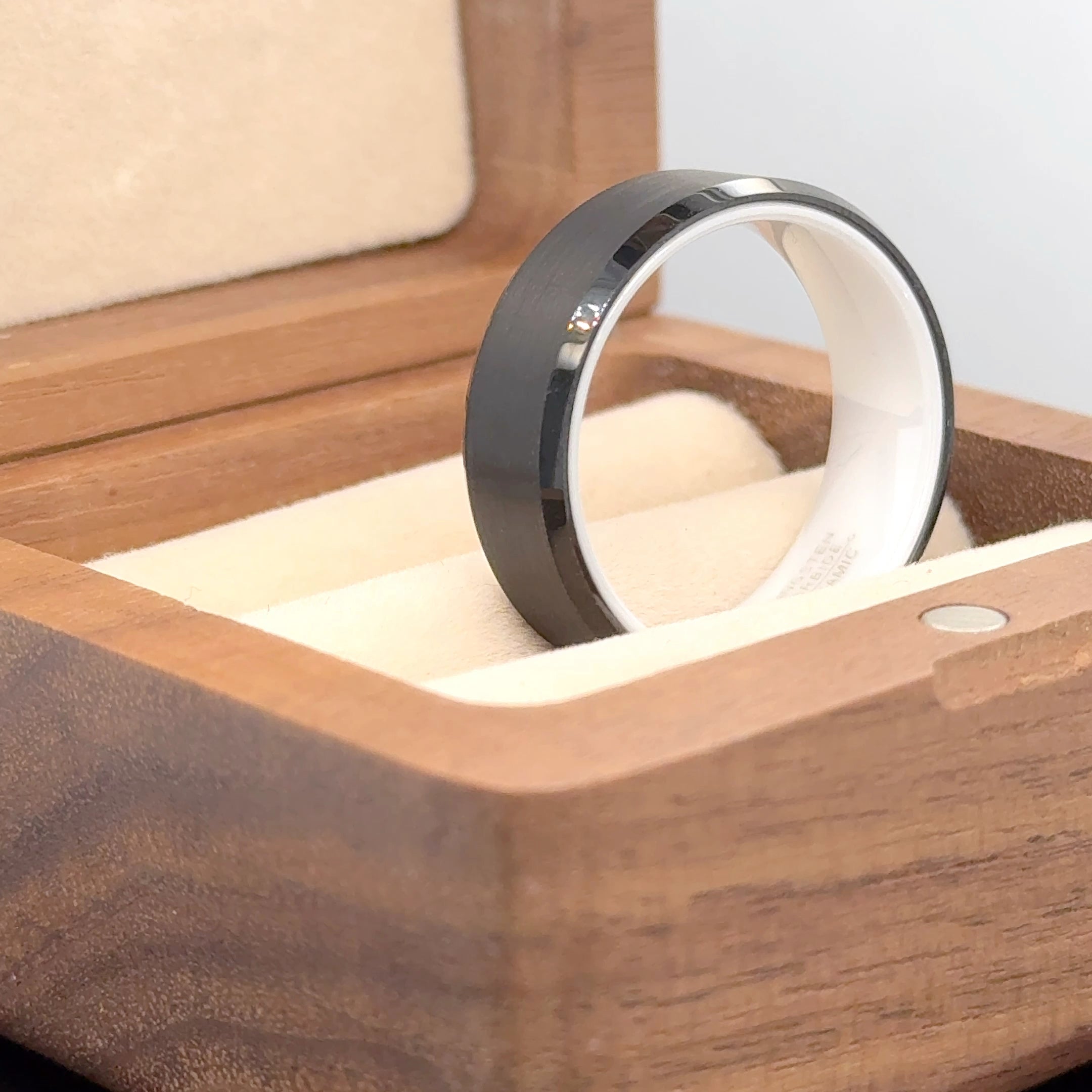 8mm Black Plated Beveled Edge with ORANGE Anodized Aluminum Sleeve Tungsten Ring, White Ceramic Sleeve Tungsten Ring - Labhu USA