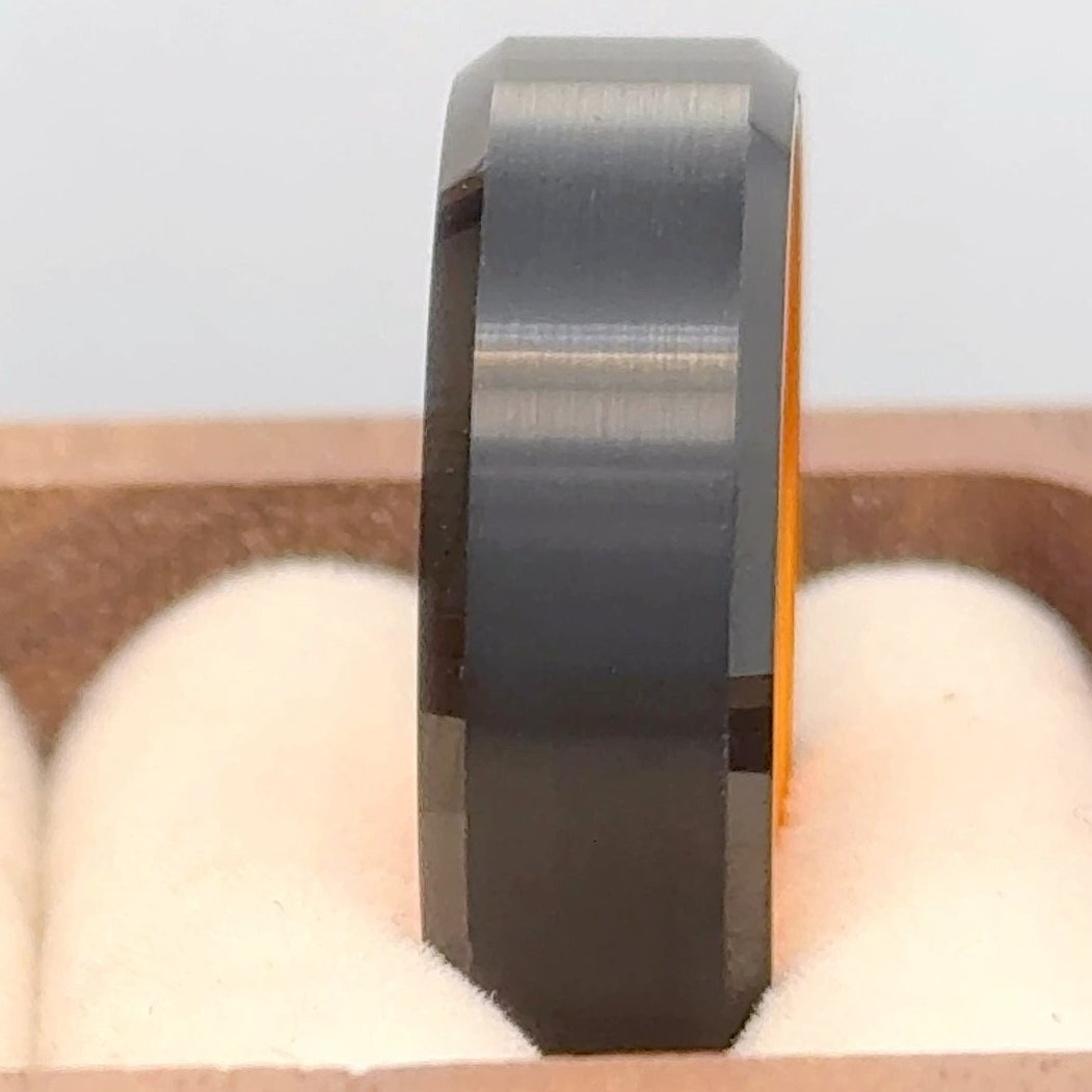 8mm Black Plated Beveled Edge with ORANGE Anodized Aluminum Sleeve Tungsten Ring, White Ceramic Sleeve Tungsten Ring - Labhu USA