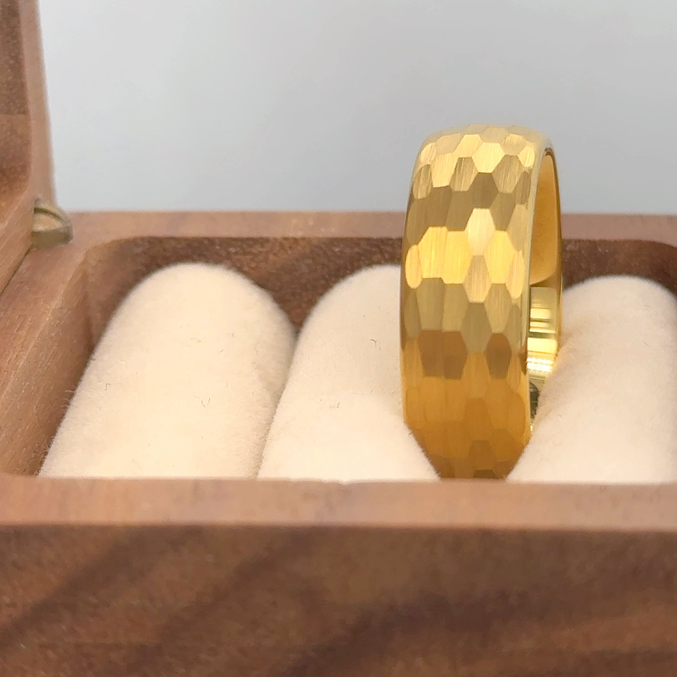 Yellow Gold IP Hammered Finish Tungsten Ring in brown box product view image - gentlemen's choice