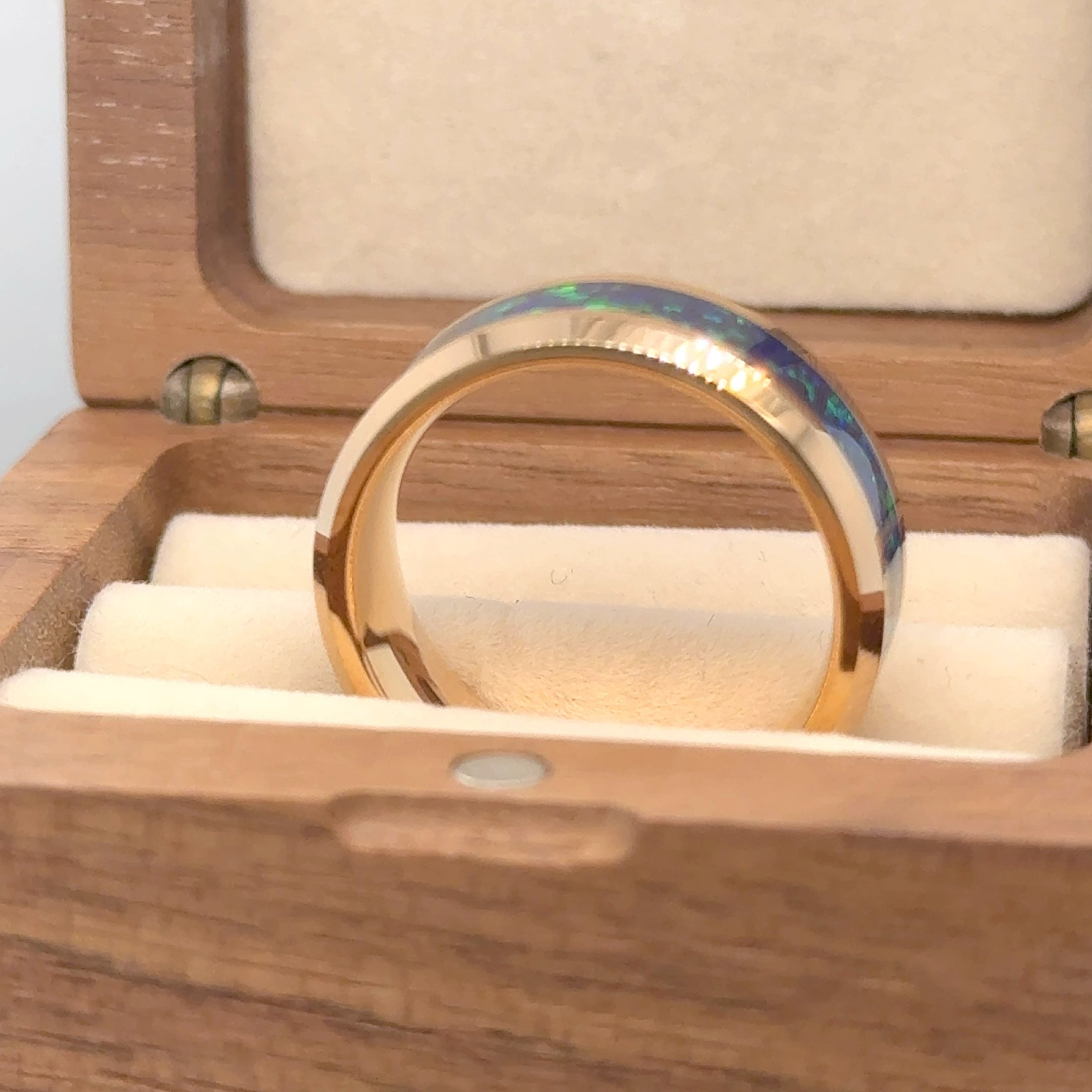 8mm Rose Gold IP Plated with Synthetic Emerald-Green Opal Inlay Tungsten Ring - Labhu USA