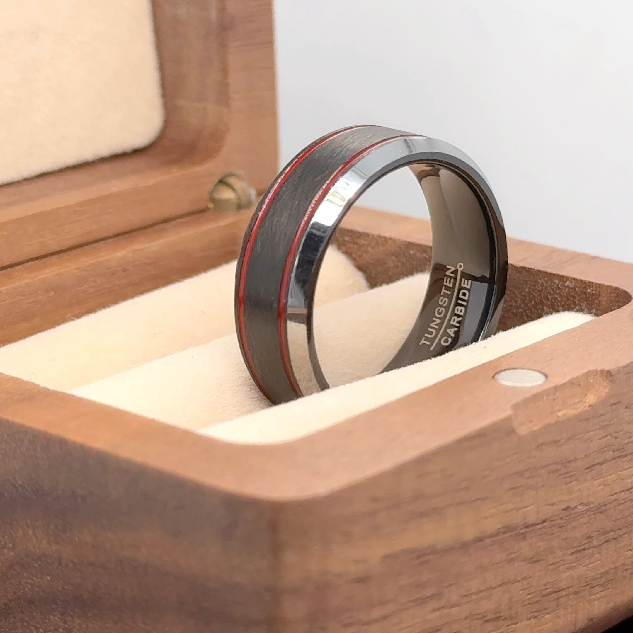 Charcoal Gray IP Plated Ice Finish with 2 Red Stripes Tungsten Ring - Labhu USA