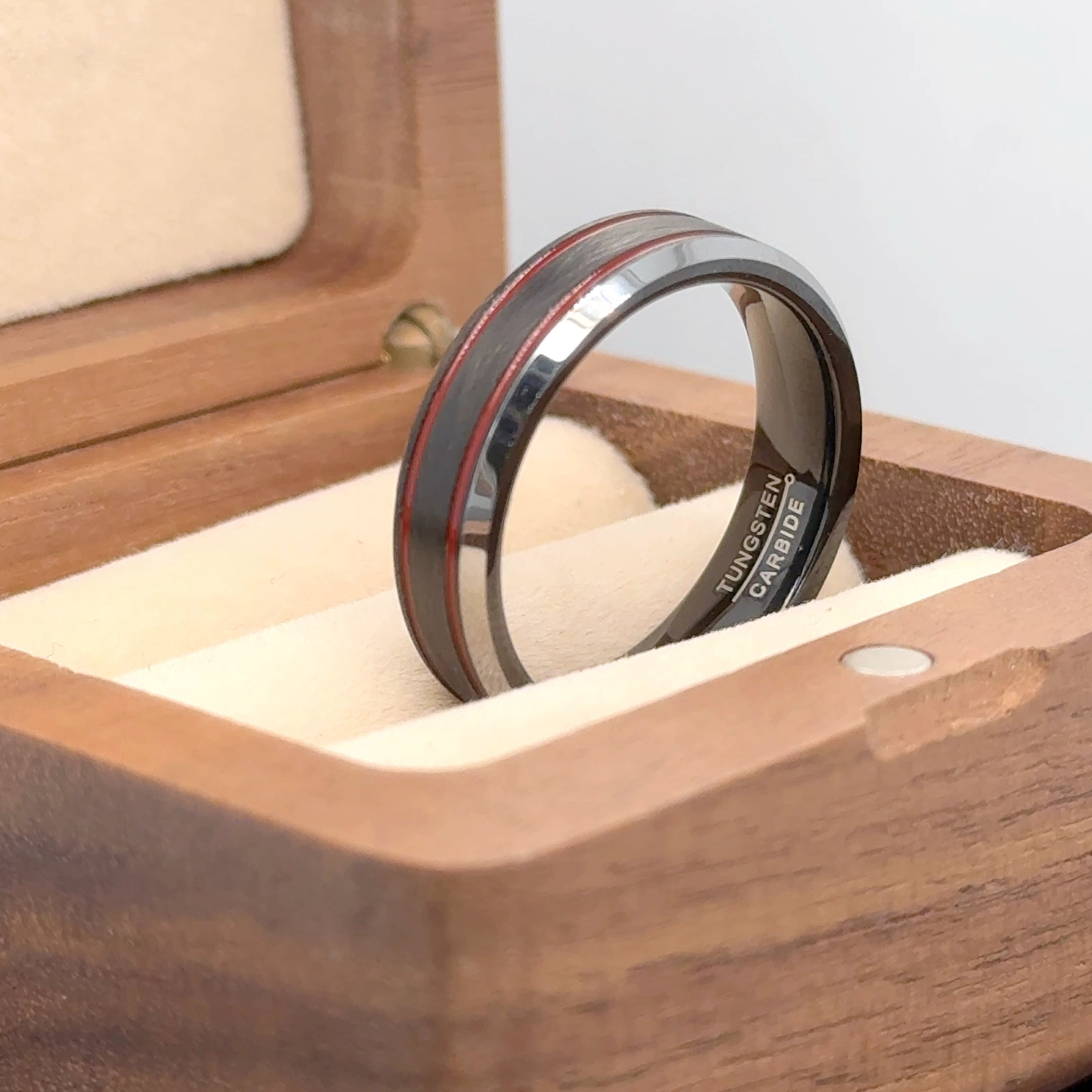 Charcoal Gray IP Plated Ice Finish with 2 Red Stripes Tungsten Ring - Labhu USA