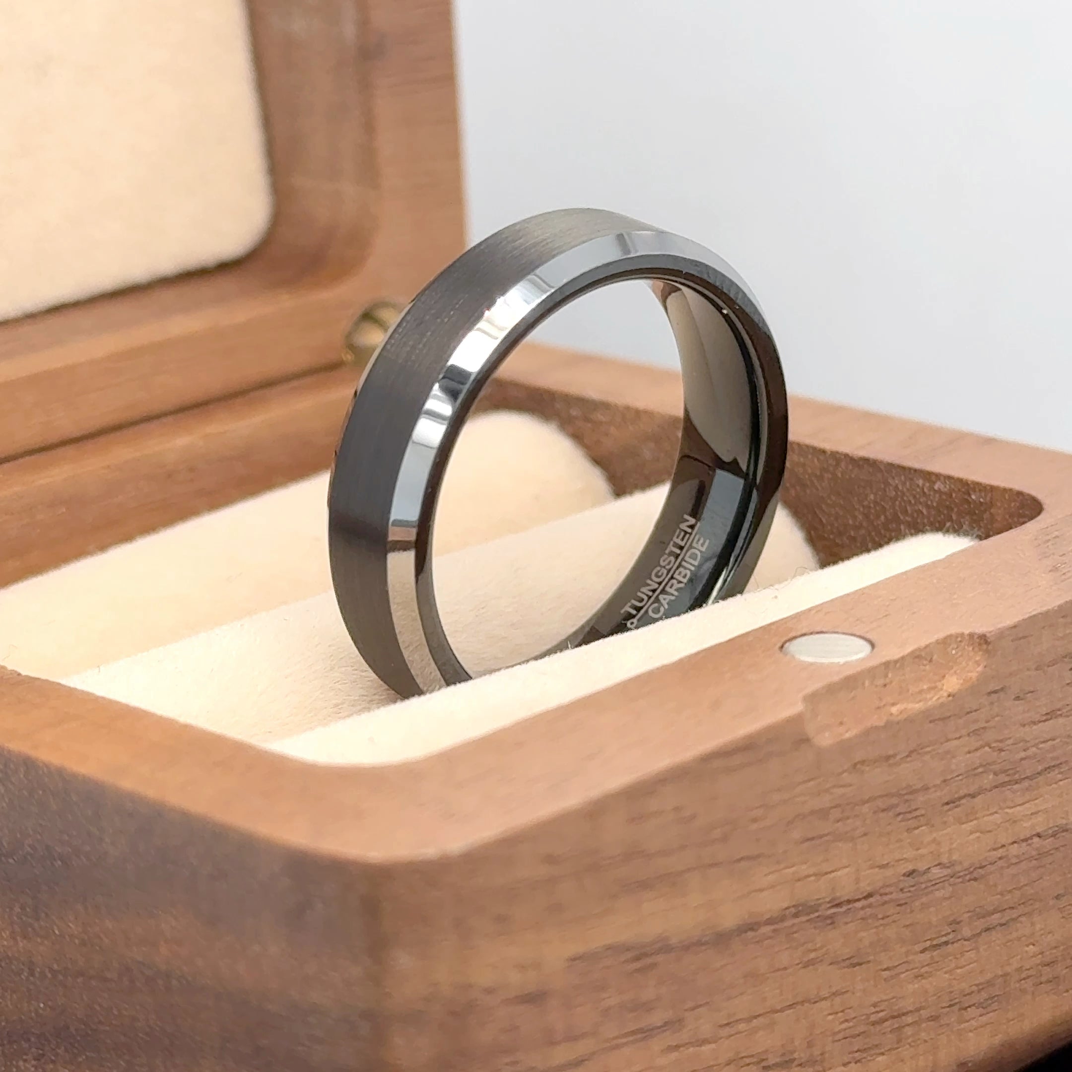 Black IP Plated Brushed Center High Polished Silver Color Beveled Edge Tungsten Ring - Labhu USA