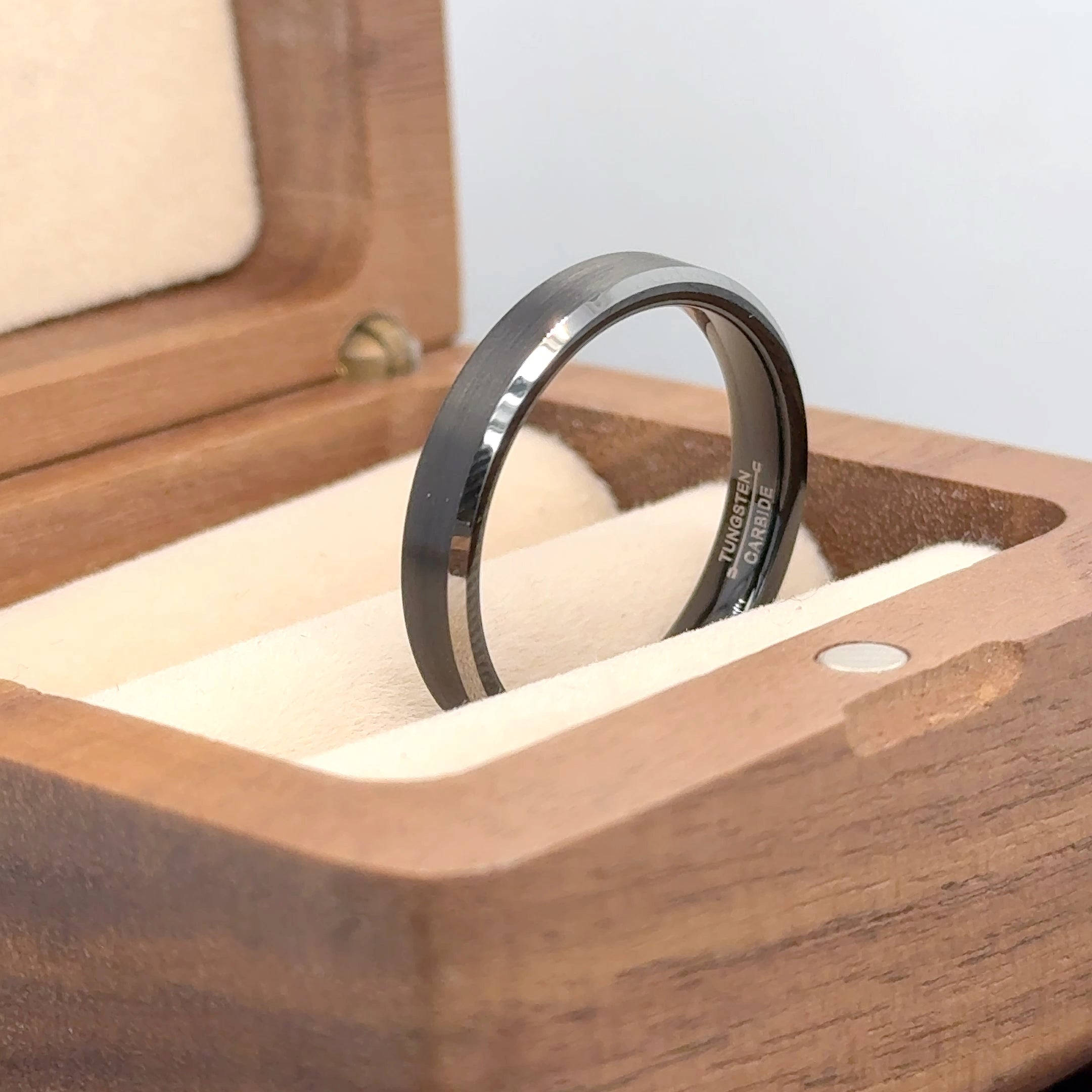 Black IP Plated Brushed Center High Polished Silver Color Beveled Edge Tungsten Ring - Labhu USA