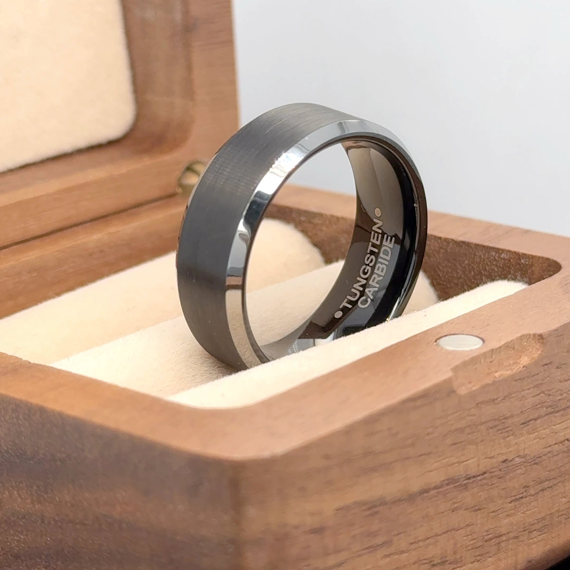 Black IP Plated Brushed Center High Polished Silver Color Beveled Edge Tungsten Ring - Labhu USA