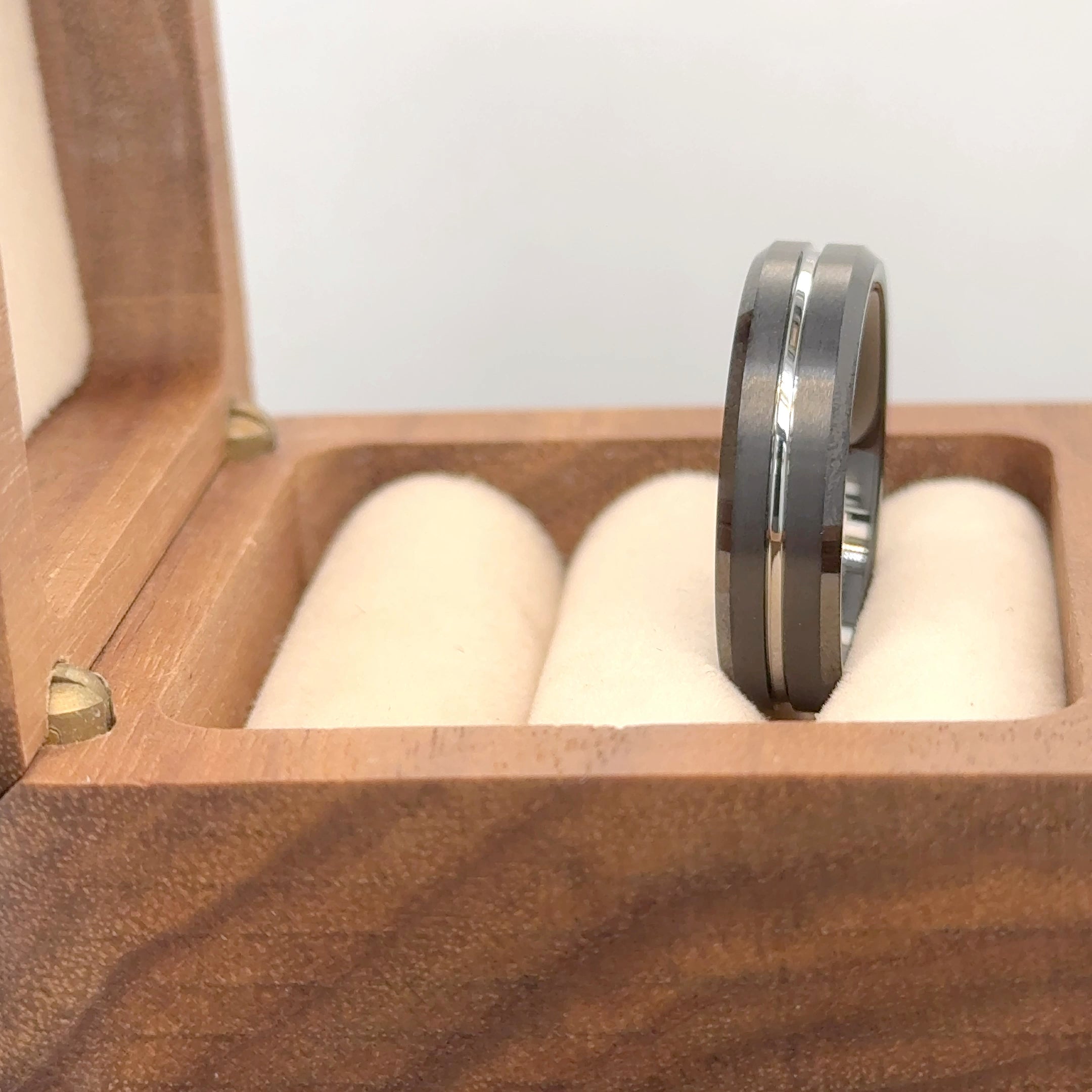 Black IP Brushed with Steel Color Grooved Center Beveled Edge Tungsten Ring - Labhu USA