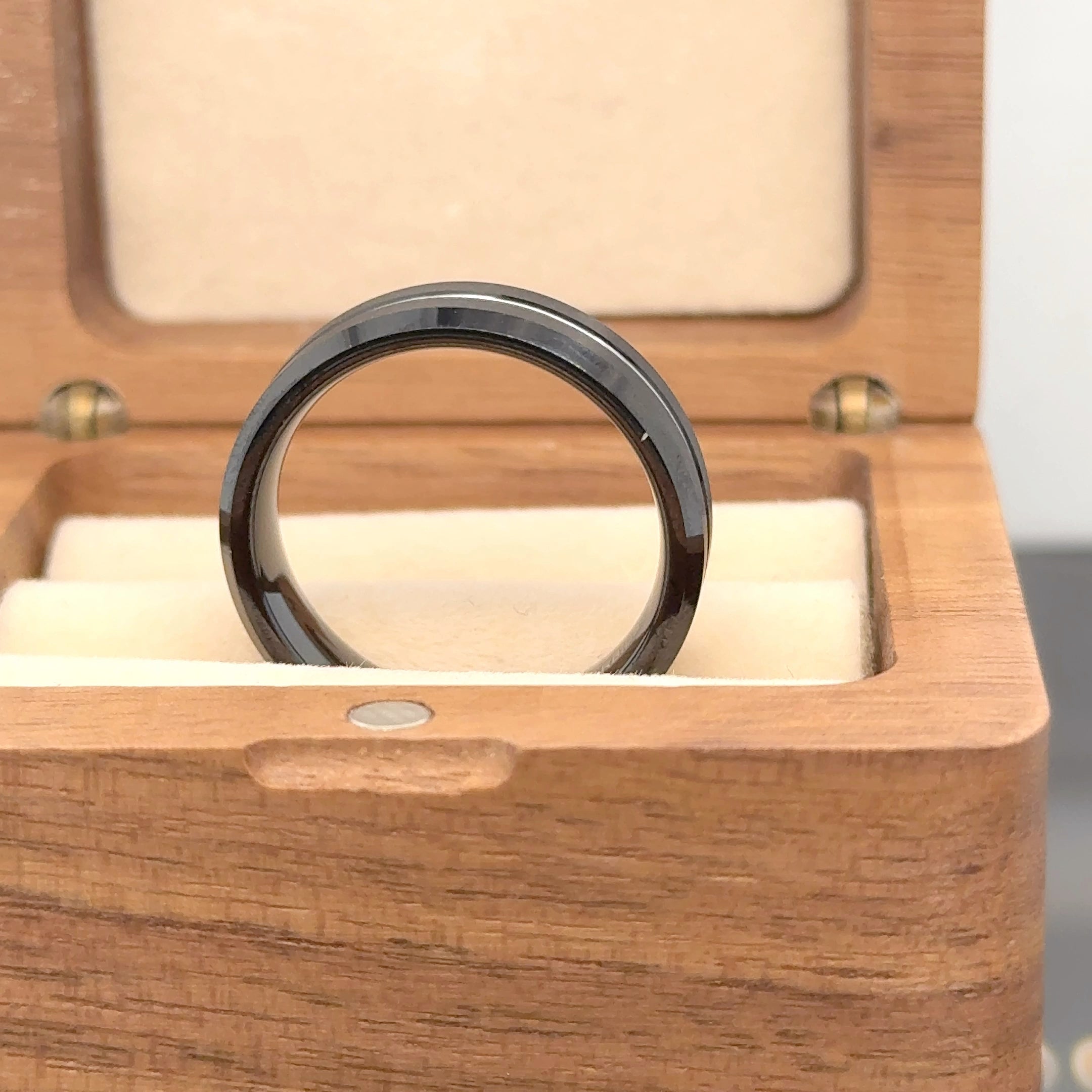 Black IP Brushed with Steel Color Grooved Center Beveled Edge Tungsten Ring - Labhu USA
