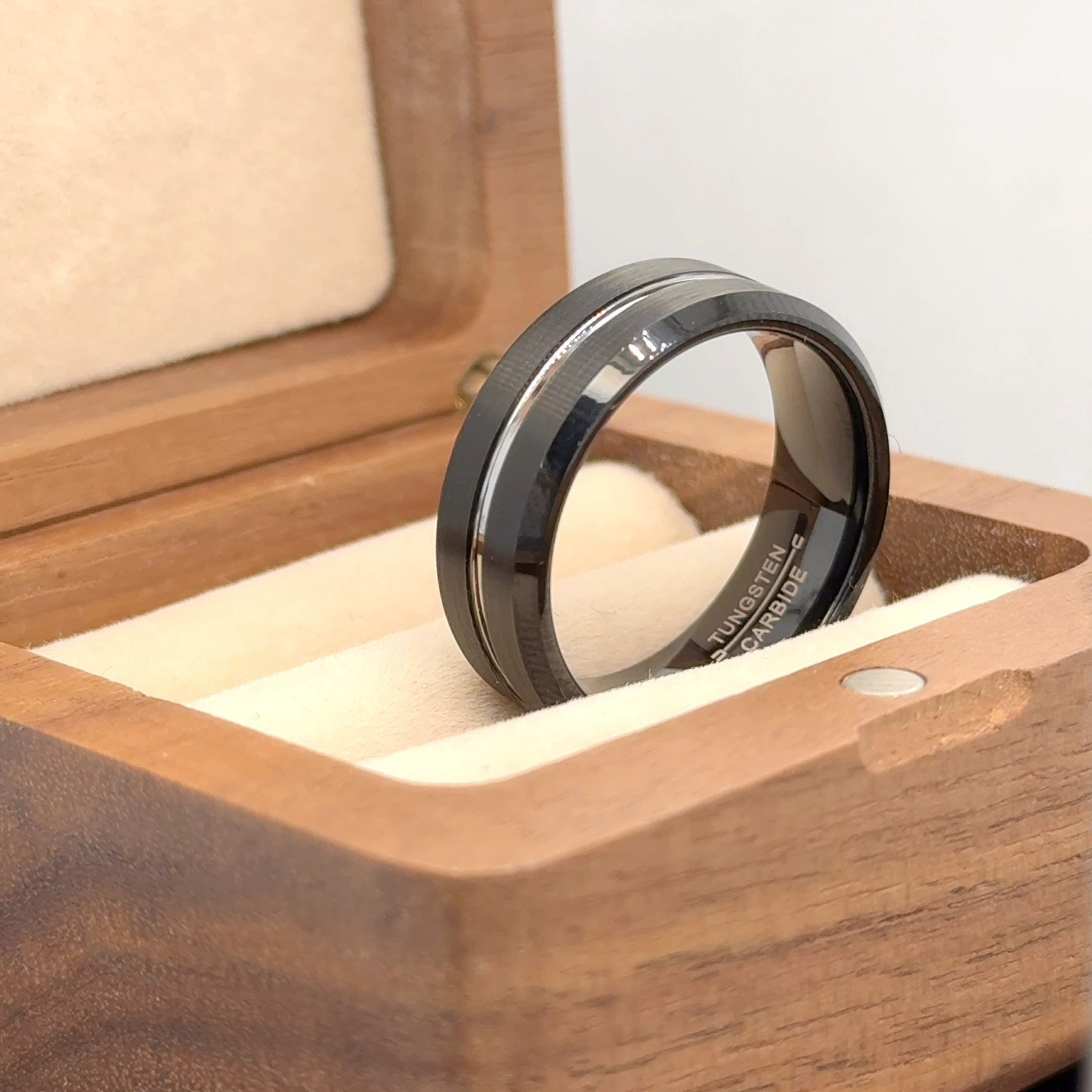 Black IP Brushed with Steel Color Grooved Center Beveled Edge Tungsten Ring - Labhu USA