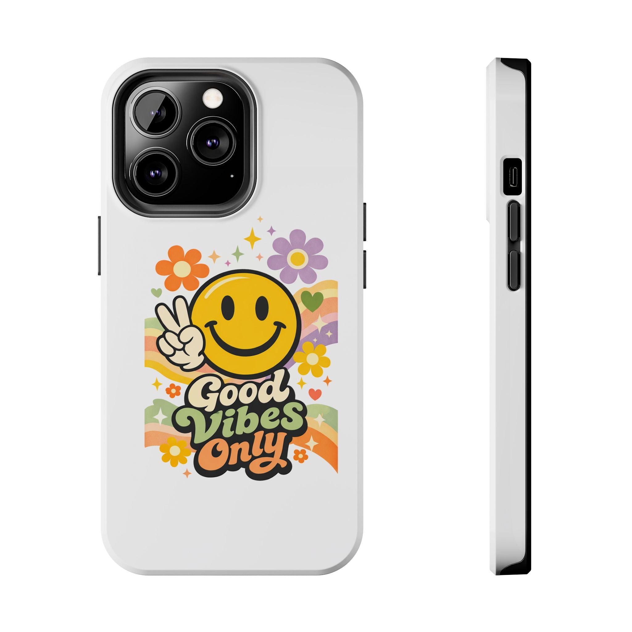 Good Vibes Only smiley peace sign Phone Case | retro flower rainbow design