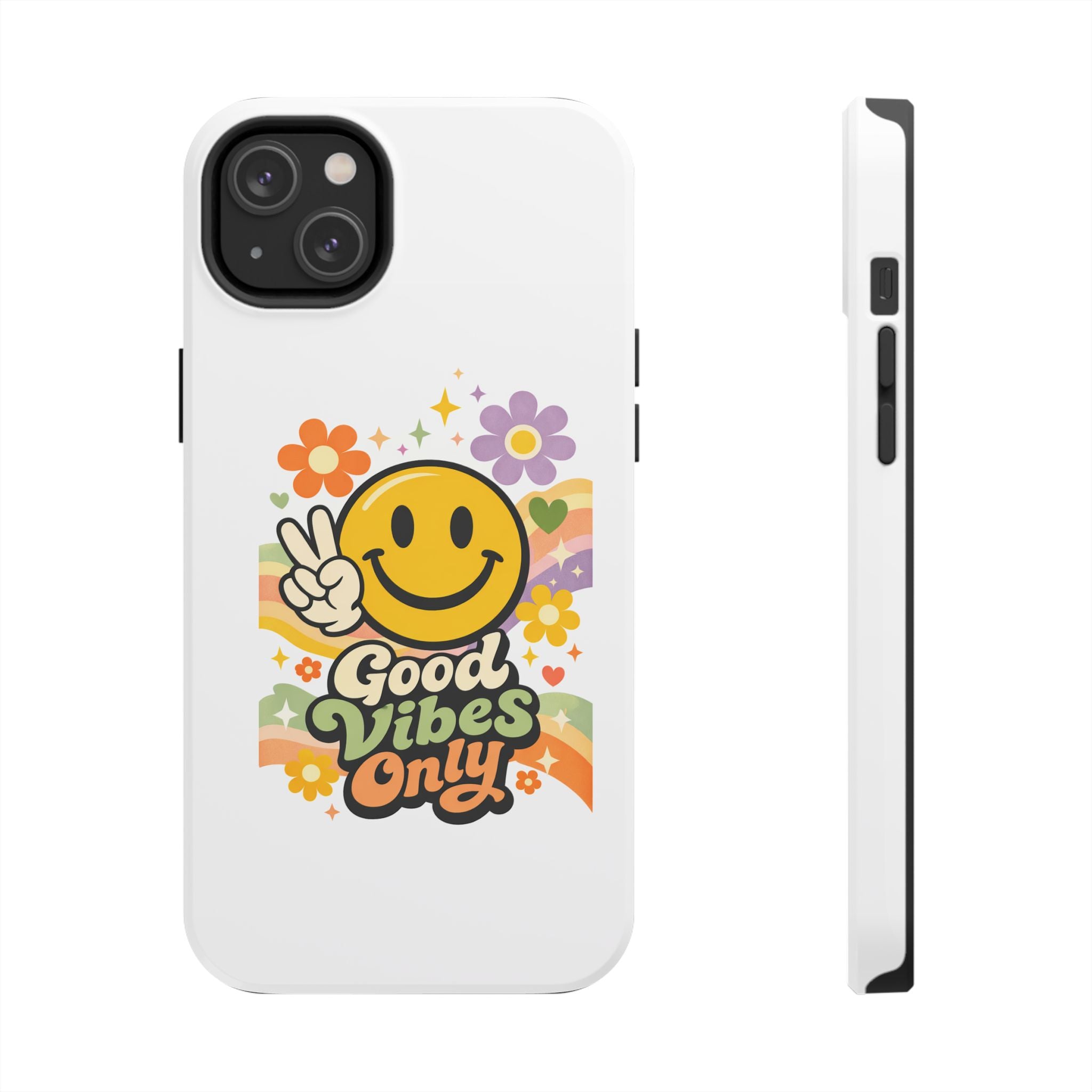 Good Vibes Only smiley peace sign Phone Case | retro flower rainbow design
