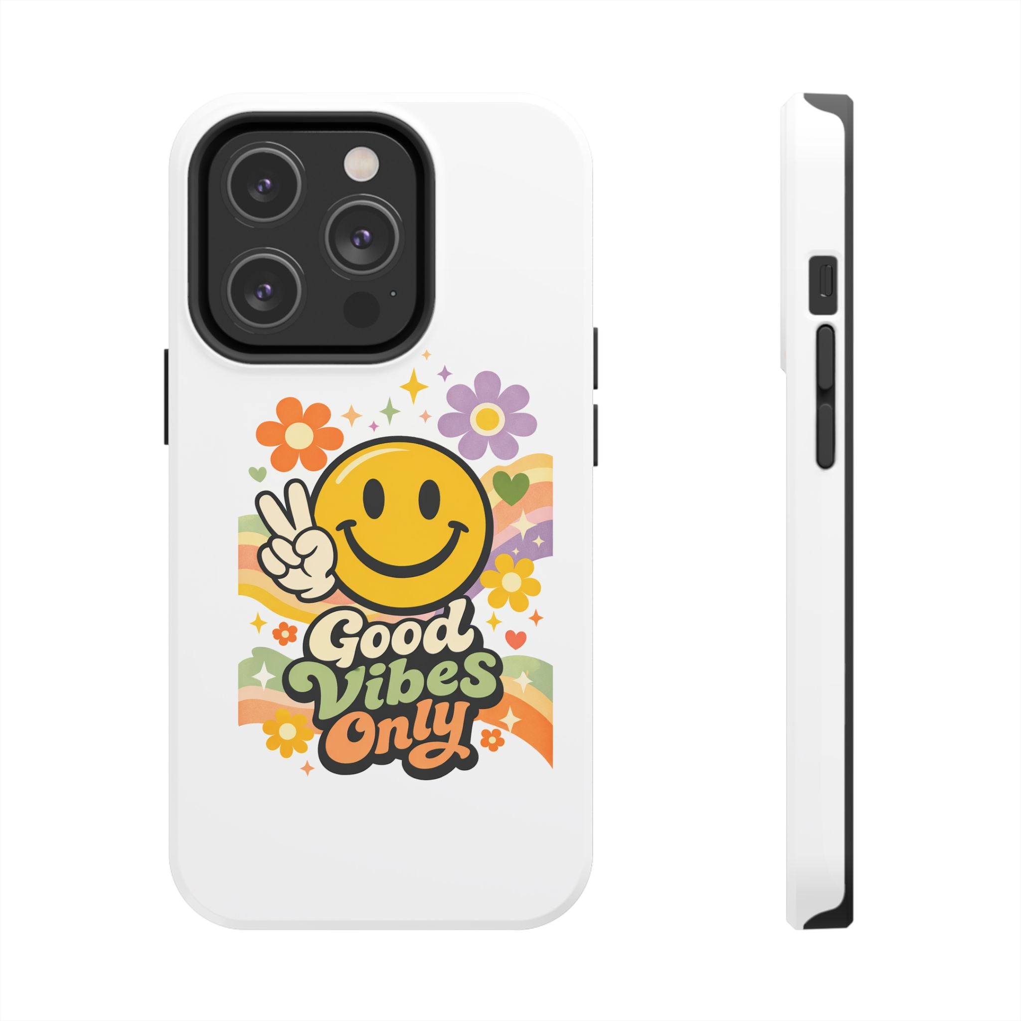 Good Vibes Only smiley peace sign Phone Case | retro flower rainbow design