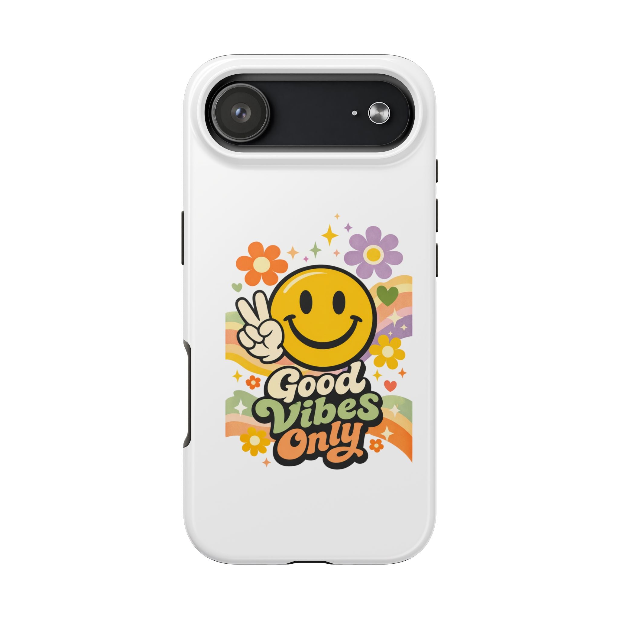 Good Vibes Only smiley peace sign Phone Case | retro flower rainbow design