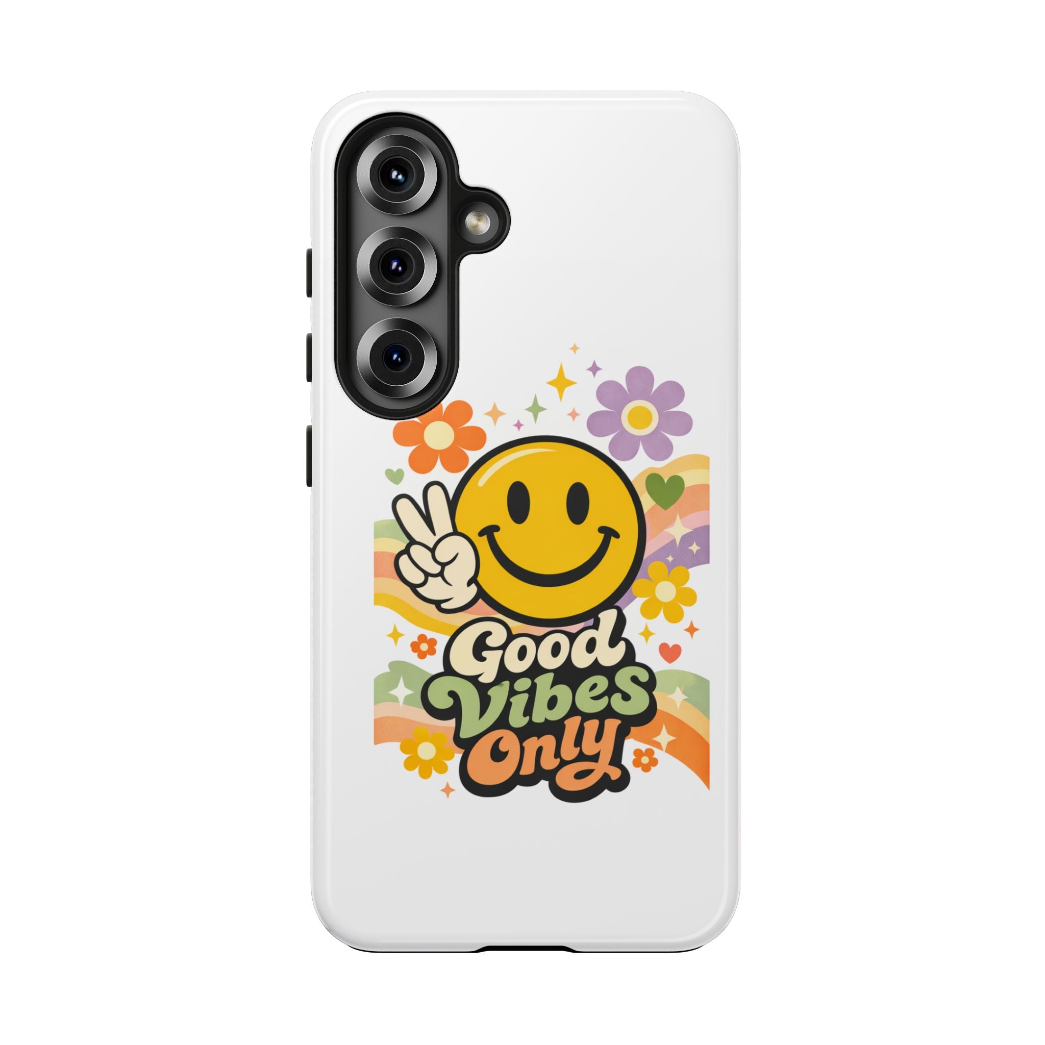 Good Vibes Only smiley peace sign Phone Case | retro flower rainbow design