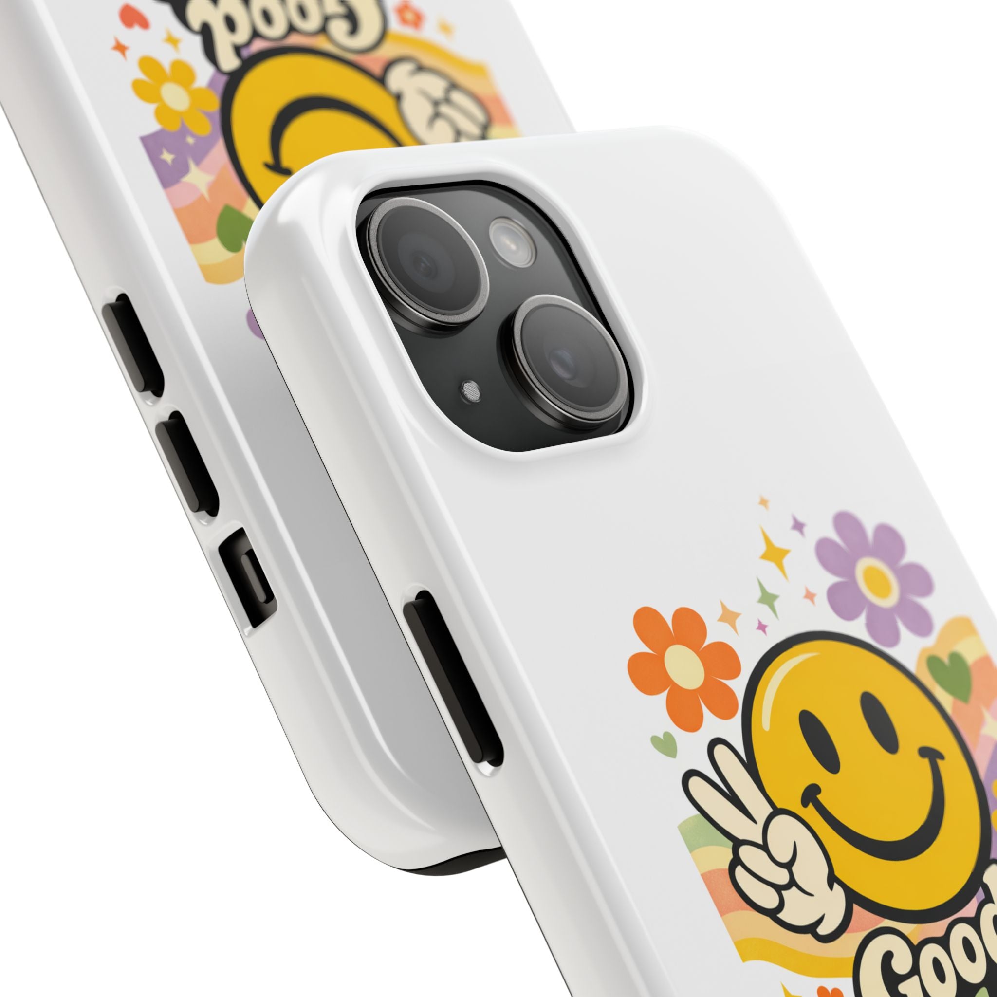 Good Vibes Only smiley peace sign Phone Case | retro flower rainbow design