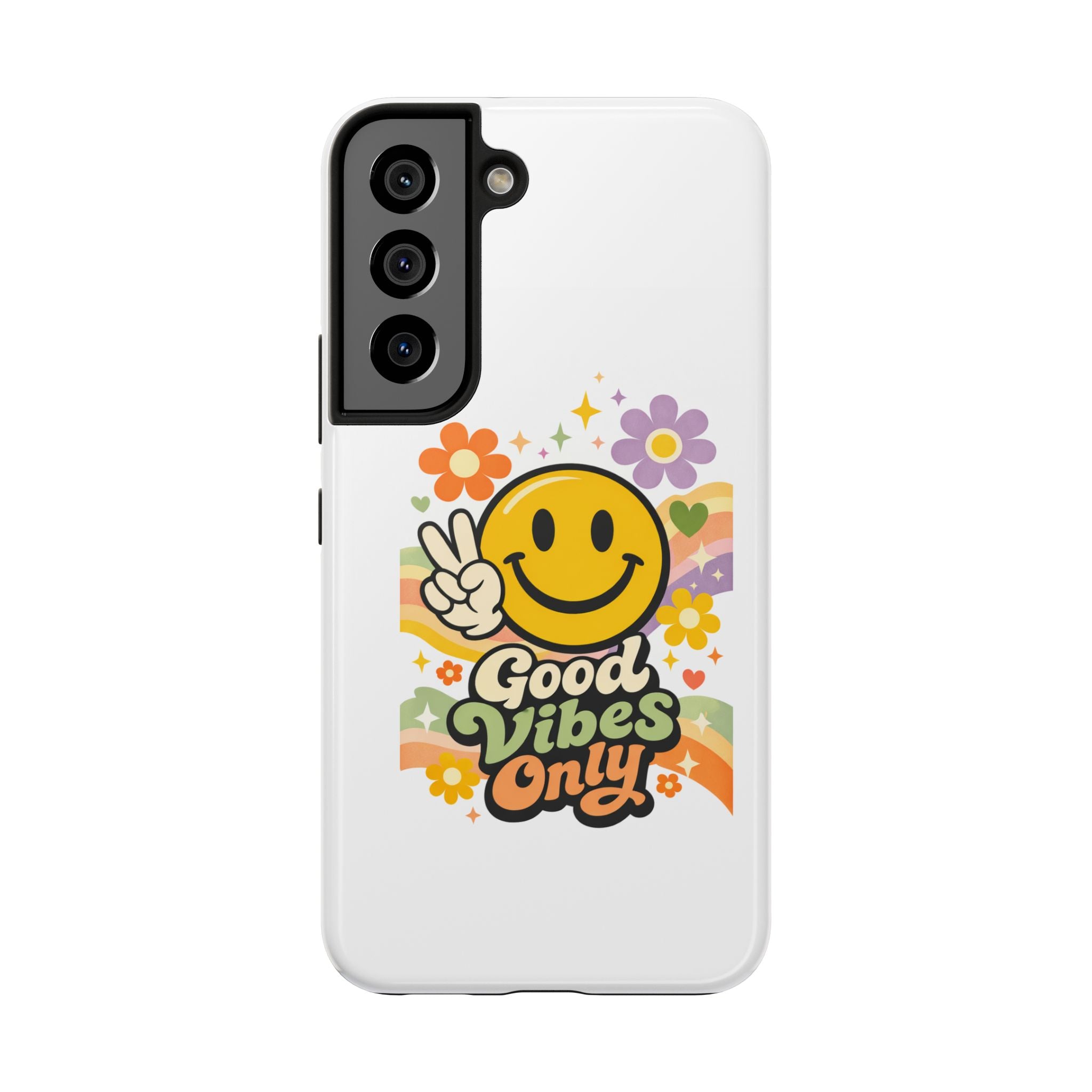 Good Vibes Only smiley peace sign Phone Case | retro flower rainbow design