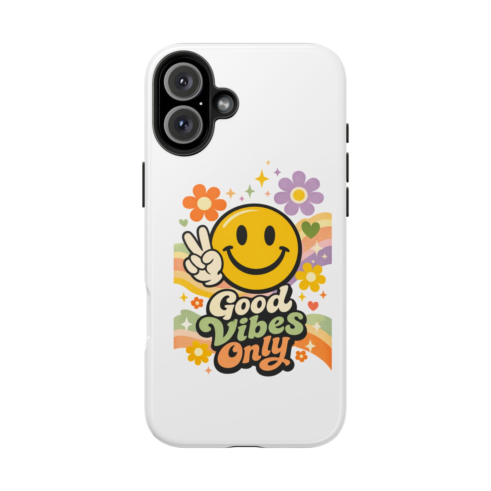Good Vibes Only smiley peace sign Phone Case | retro flower rainbow design