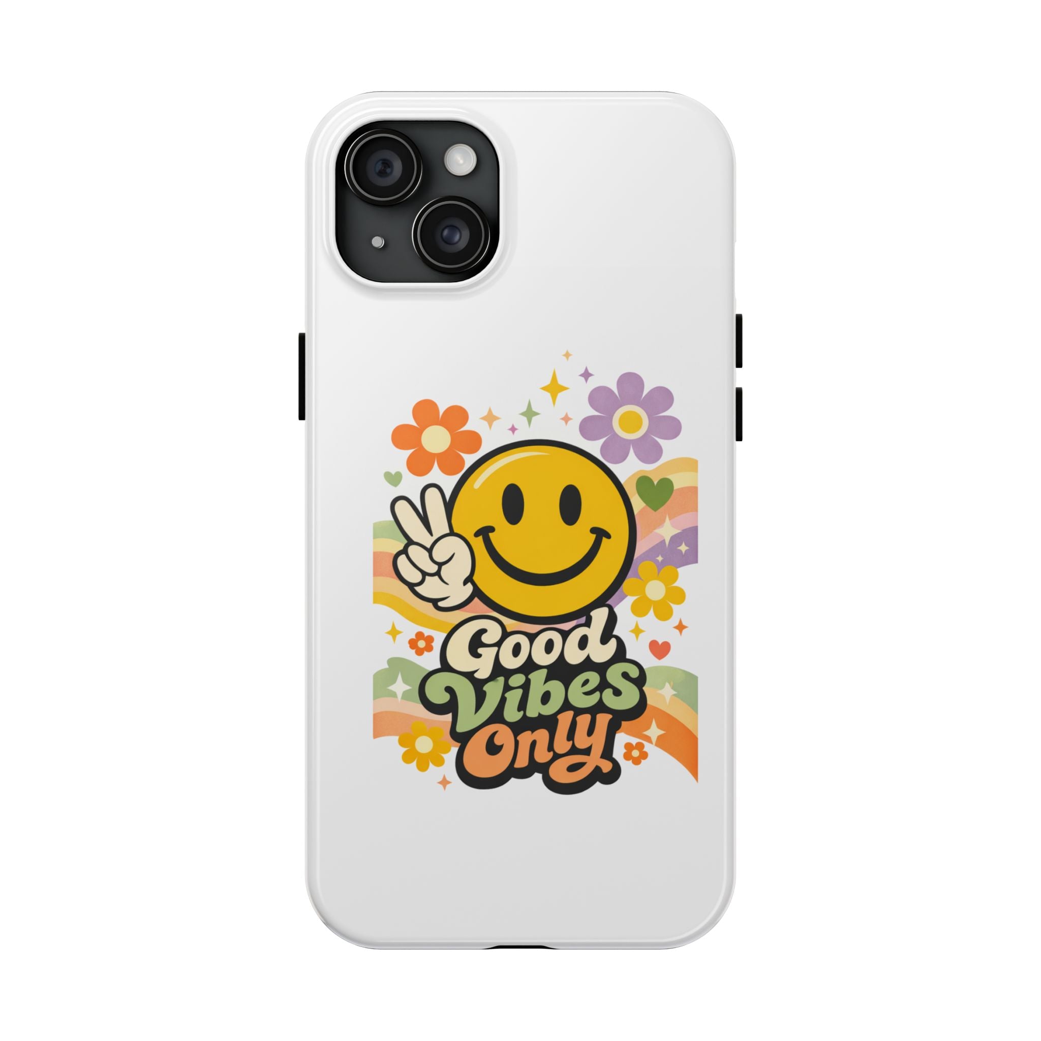 Good Vibes Only smiley peace sign Phone Case | retro flower rainbow design