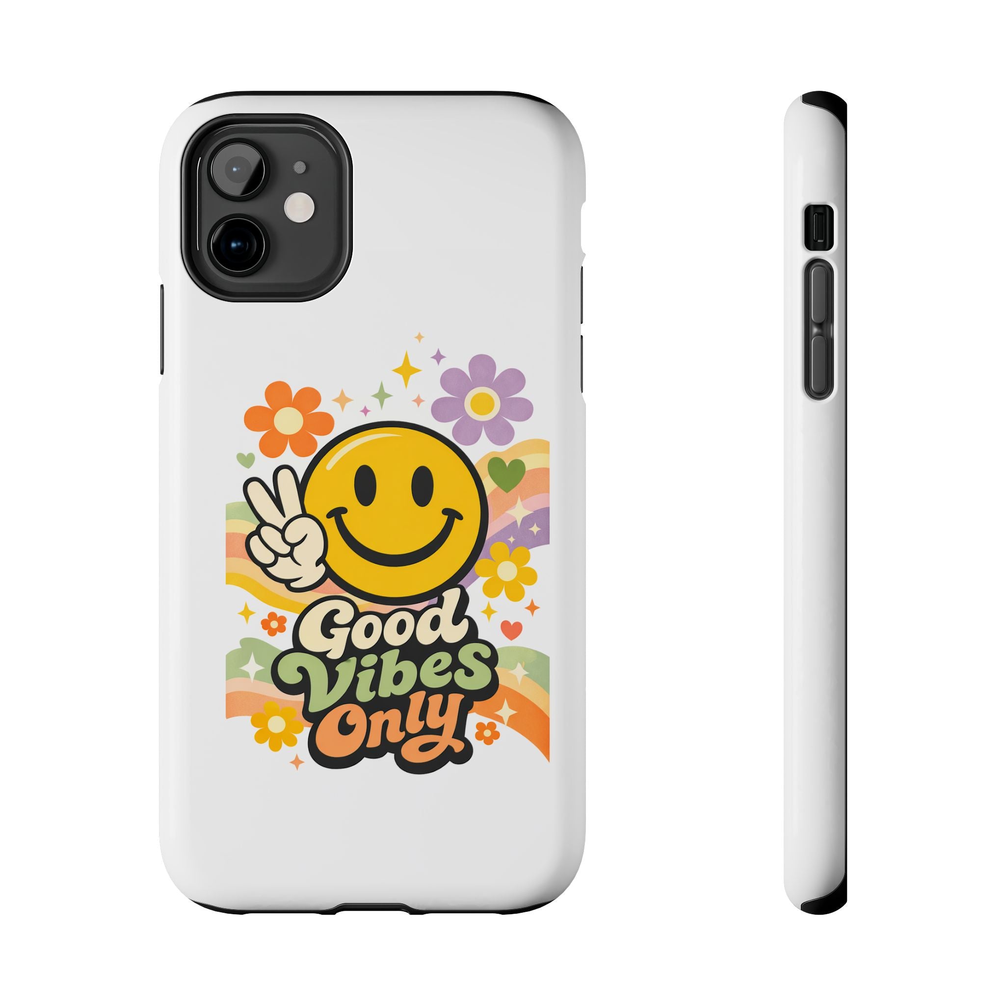 Good Vibes Only smiley peace sign Phone Case | retro flower rainbow design