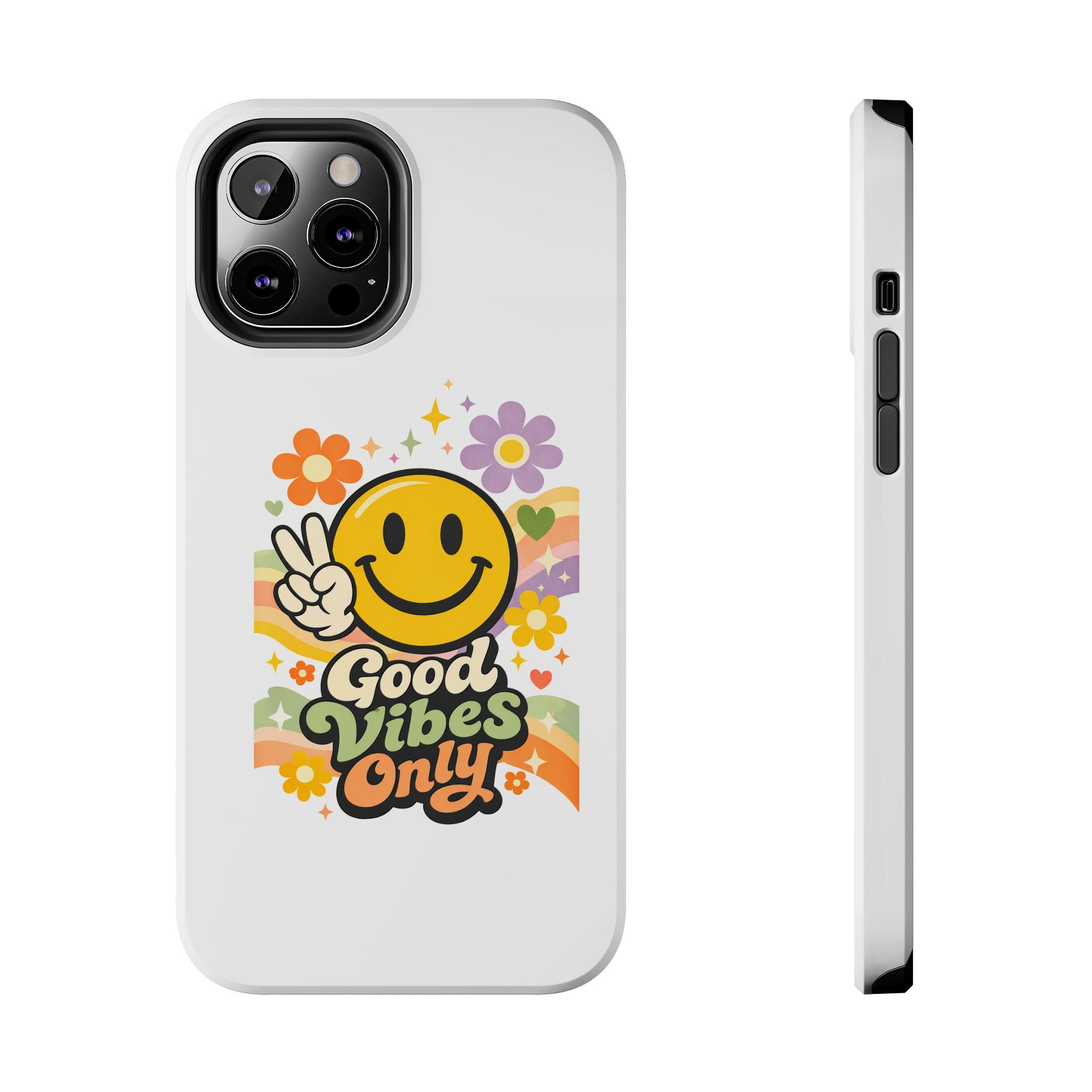Good Vibes Only smiley peace sign Phone Case | retro flower rainbow design