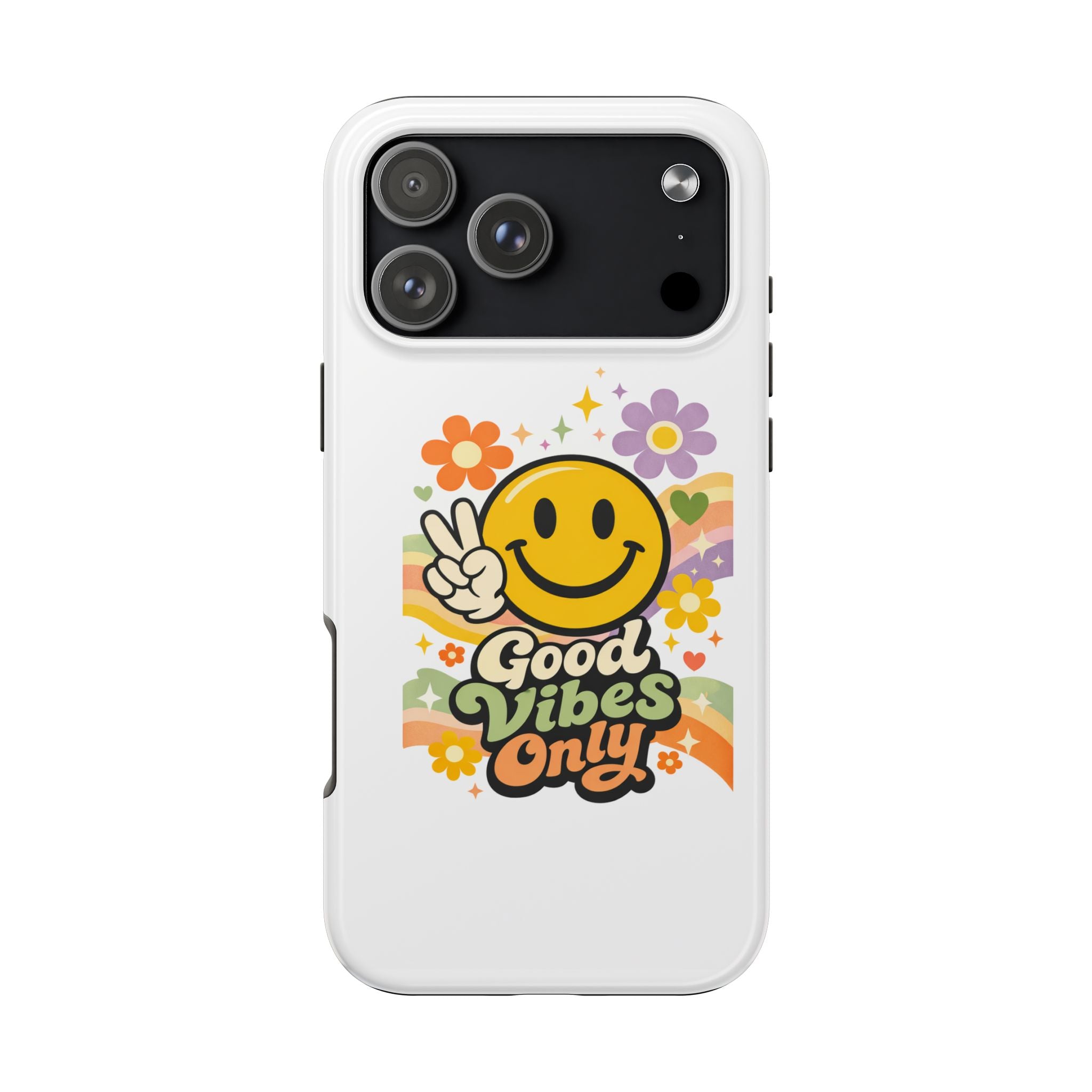 Good Vibes Only smiley peace sign Phone Case | retro flower rainbow design