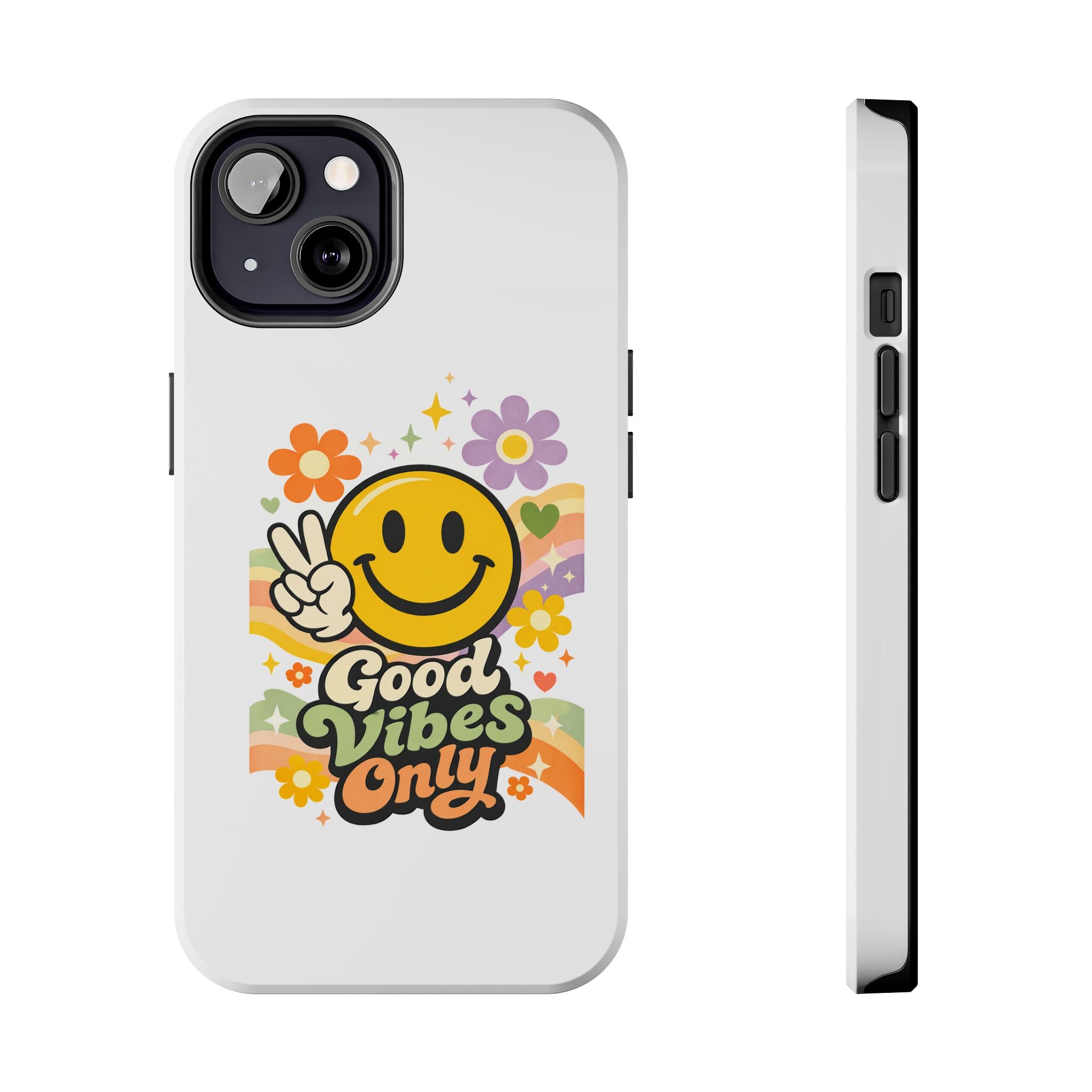 Good Vibes Only smiley peace sign Phone Case | retro flower rainbow design