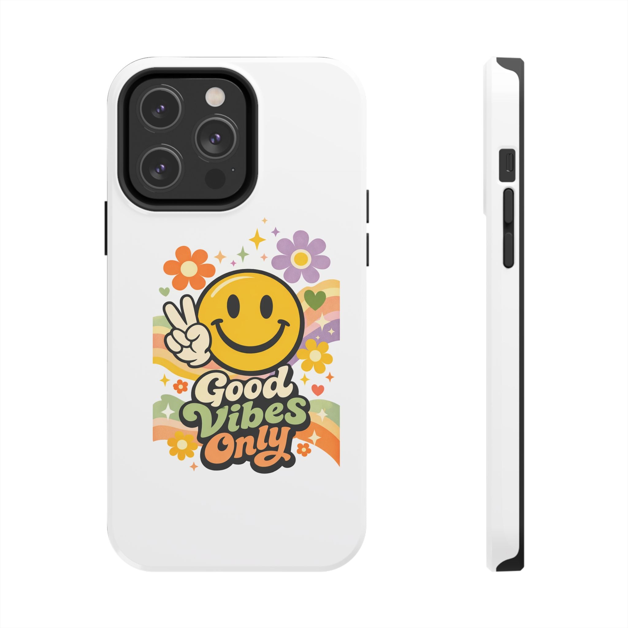 Good Vibes Only smiley peace sign Phone Case | retro flower rainbow design