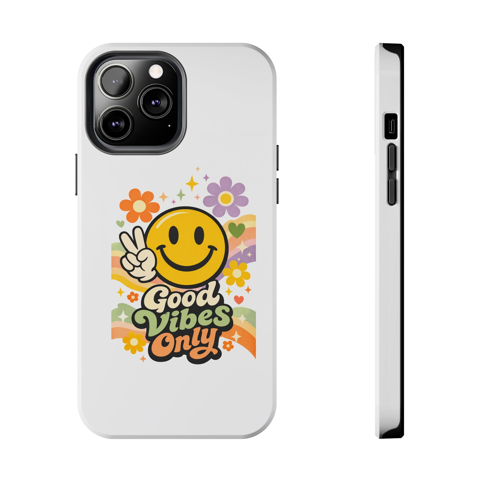 Good Vibes Only smiley peace sign Phone Case | retro flower rainbow design